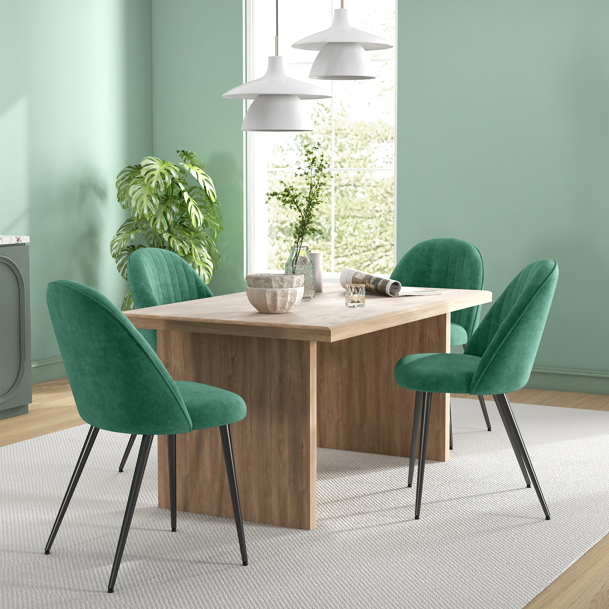 HOMCOM Set 4 Moderne Gepolsterte Stühle mit Gebogener Rückenlehne, in Samteffektstoff und Stahl, 50x52x83 cm, Grün