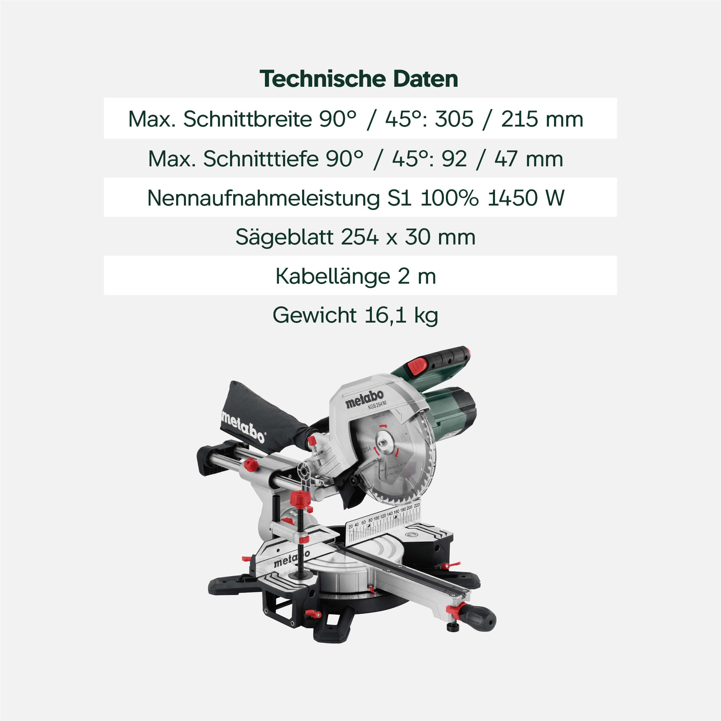 Kapp- und Gehrungssäge KGS 254 M mit Zugfunktion LED-Schnittlinienanzeige Hartmetall-Sägeblatt Tischverbreiterungen und 2. Sägeblatt