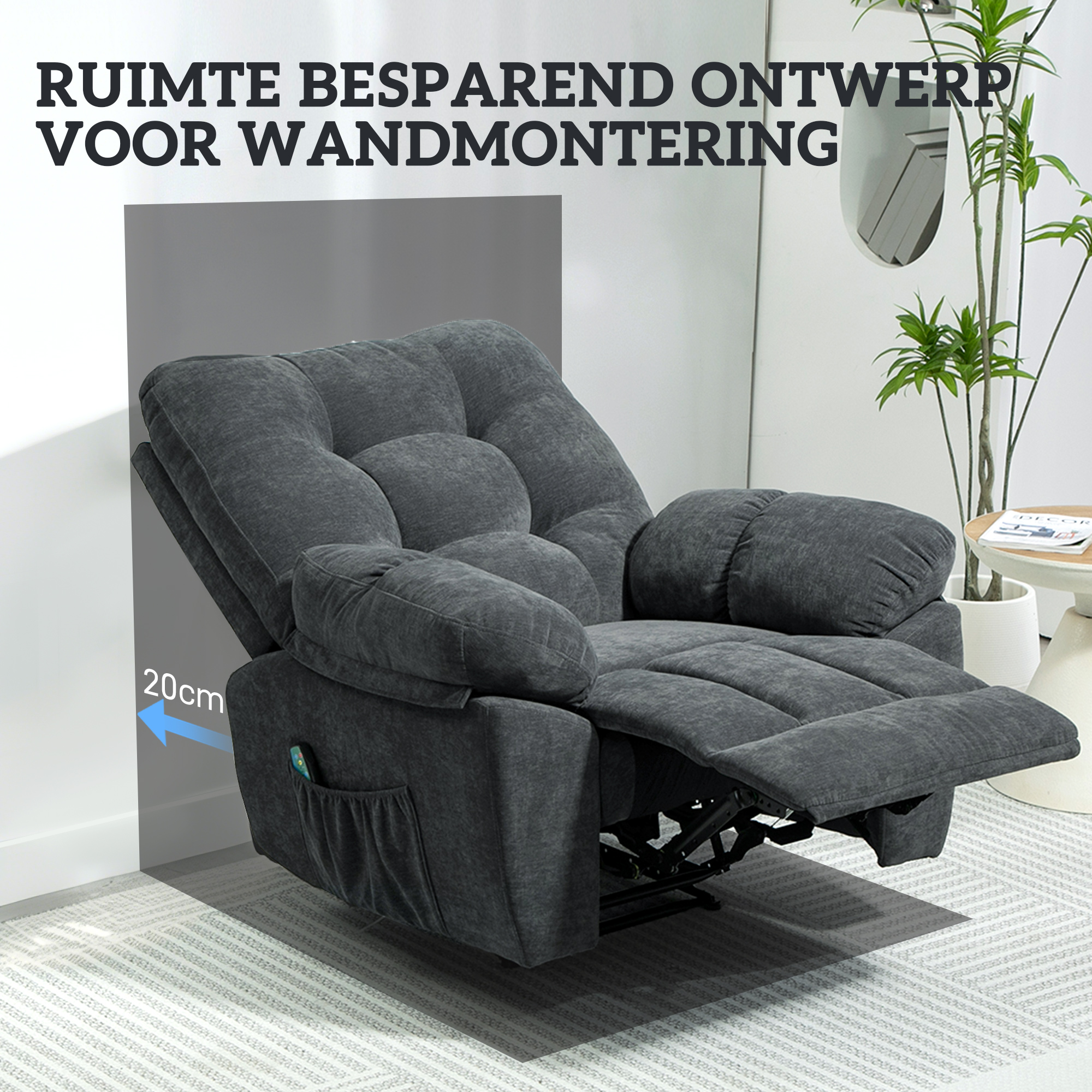 Relaxstoel met Massage, 8 Vibratiepunten, Verstelbare Voetsteun, Zijvak, Ligstoel, Grijs
