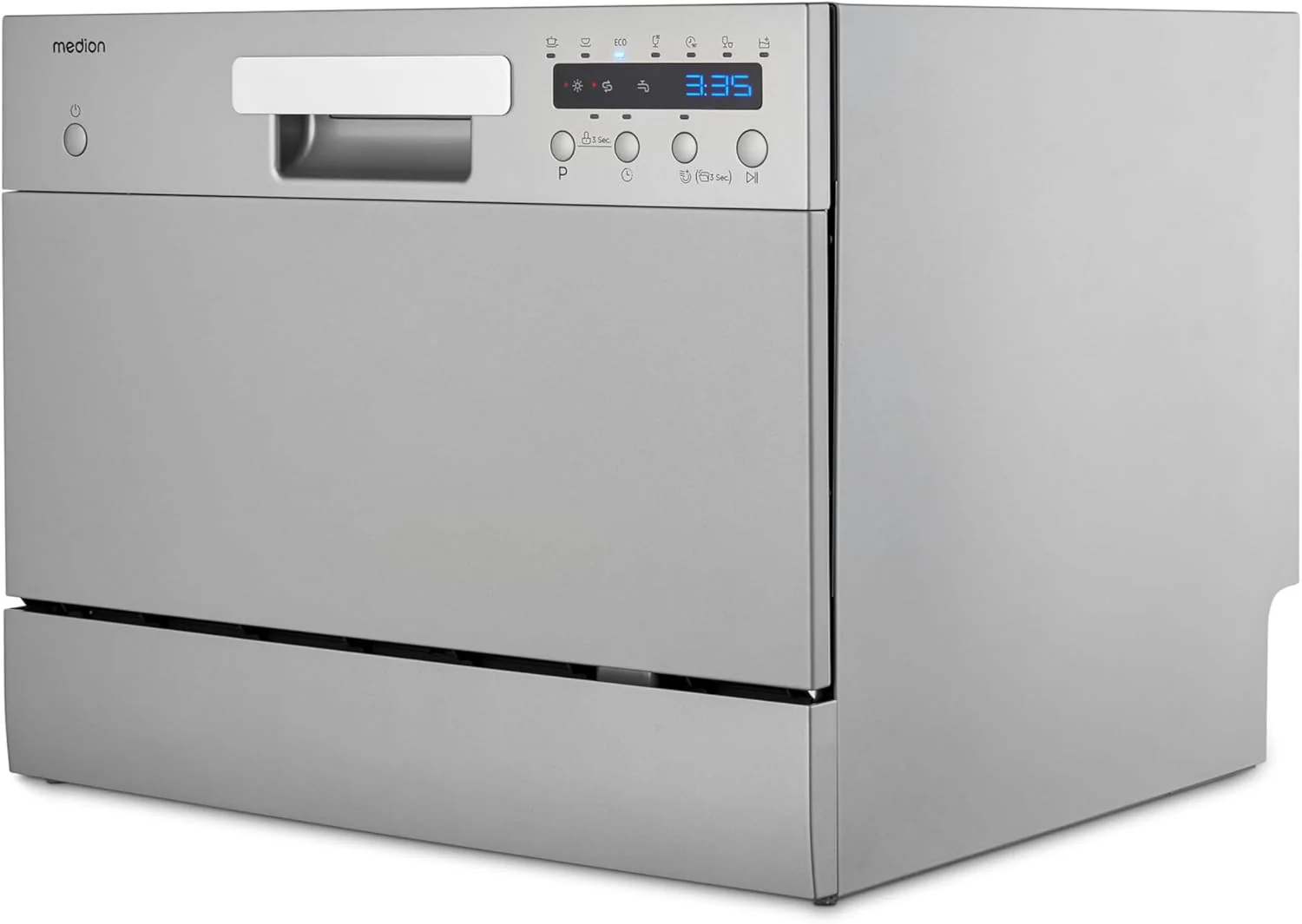 MEDION Tischgeschirrsp��ler DWT60 (6 Gedecke Fassungsverm?gen, 7 Programme, ECO Programm, ca. 6,5 Liter Verbrauch, AquaStop, LED Display, Kindersicherung, MD37496) silber
