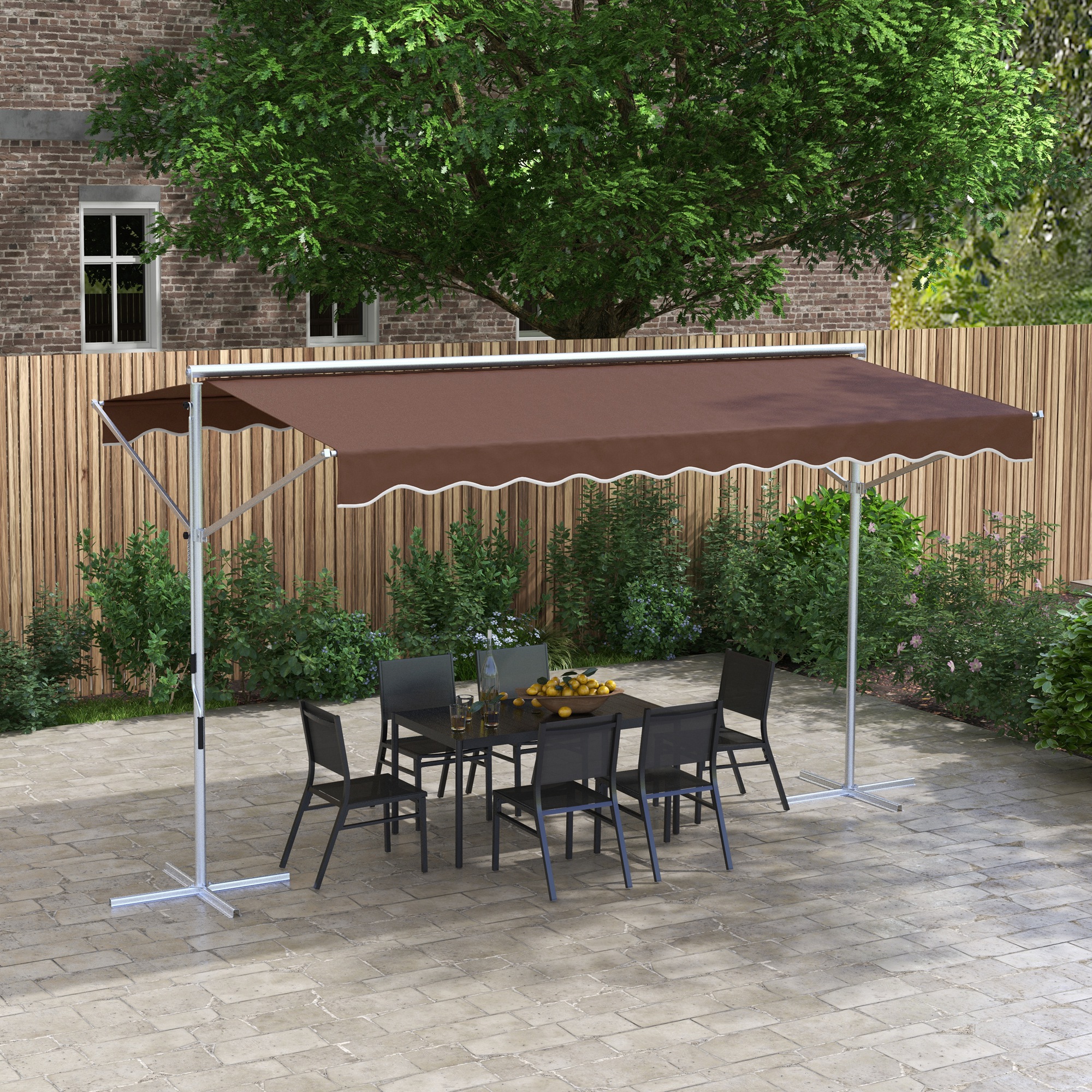 Outsunny Freistehende Markise, neigungsverstellbar, Handkurbel, Metallgestell, wetterfest, 4x3m, Kaffee