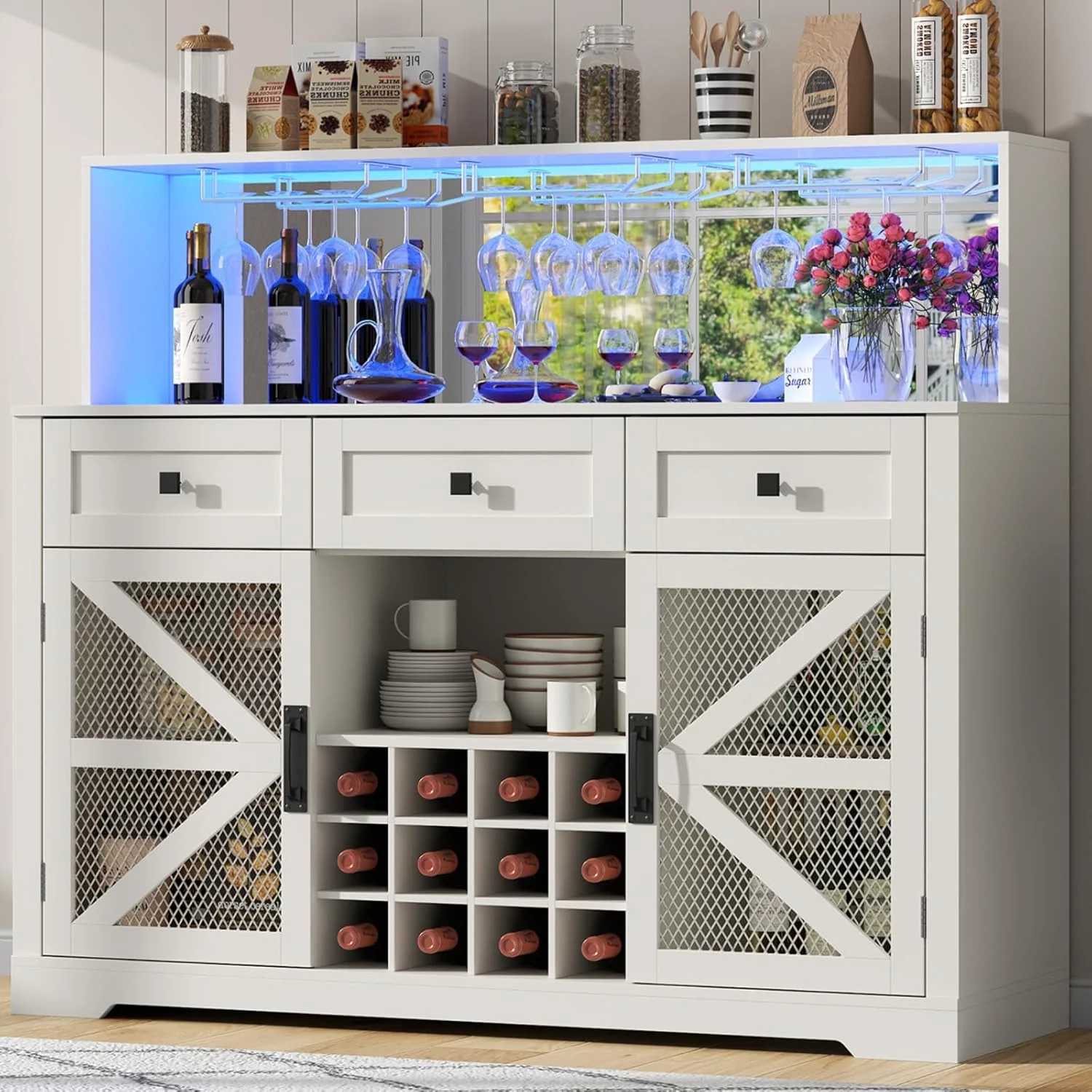 Wine Bar Cabinet with LED Light. Liquor Cabinet with Glass Holder. Coffee Bar for Liquor. Storage Buffet with Wine Racks. Wine Cabinet