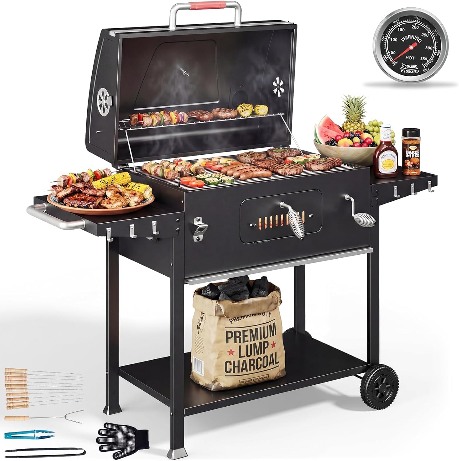 Devoko Barbecue Carbonella XXL, BBQ Barbecue a Carbone, Barbecue Portatile per Giardino/Campeggio/Esterno, Incluso Griglia da Barbecue 71 x 43 cm/Termometro/Pinza da Cucina/Guanti da Barbecue