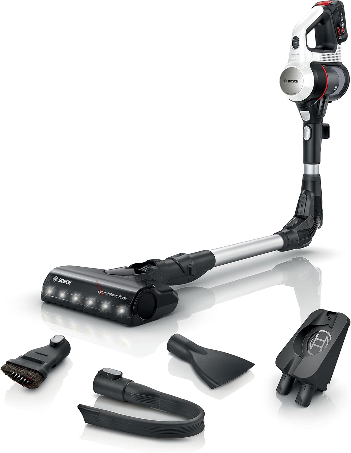 Bosch Staubsauger Unlimited 7, Akku 3,0 Ah, Flexibles Schlauch, geringes Gewicht, Zubehör, LED-Beleuchtung, weiß, BBS711W, 0.3 liters, 82 Dezibel