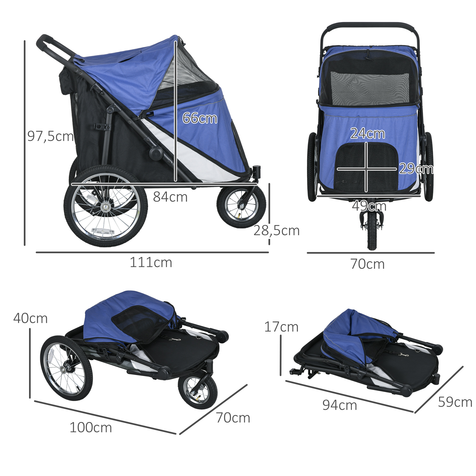PawHut Hondenbuggy, inklapbaar, opklapbaar, Ligkussen, Stalen frame, Blauw/Zwart