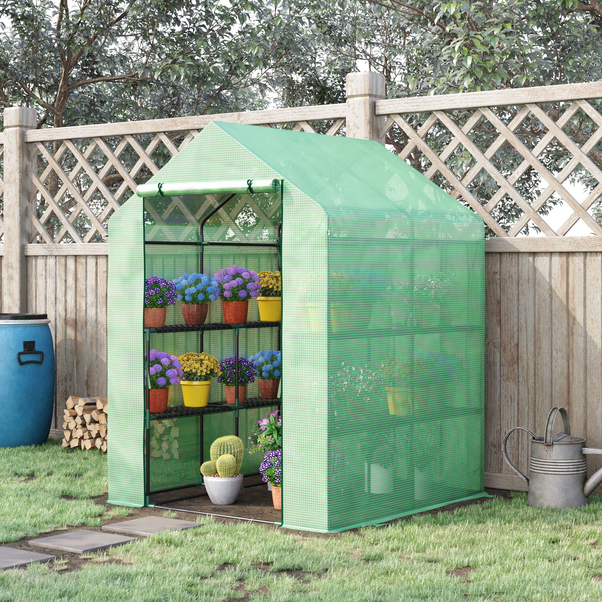 Outsunny Foliengewächshaus begehbares Gewächshaus mit 8 Regalebenen Tomatengewächshaus Treibhaus Frühbeet mit Tür Grün Stahl PE-Kunststoff 143 x 138 x 195 cm