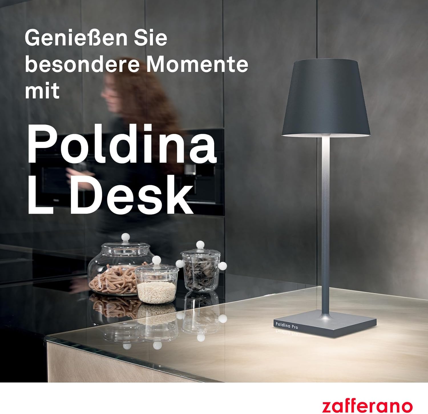 Zafferano, Poldina L Schreibtischlampe, Tragbare und Wiederaufladbare Tischlampe mit Touch Control, Geeignet für Wohnzimmer und Außenbereich, Dimmer, 2200-3000 K, Höhe 49,7 cm, Farbe Dunkelgrau