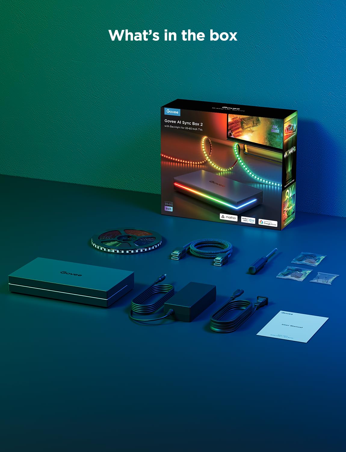 HDMI 2.1 Sync Box Kit mit TV-Hintergrundbeleuchtung, 8K bei 60 Hz und 4K bei 144 Hz, RGBWIC LED Streifen 75 LEDs/m, Modell H6604312DE