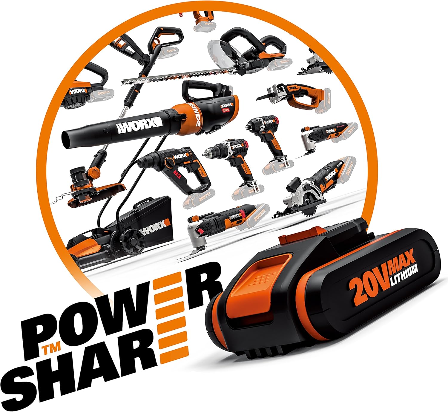 WORX WG252E.9 Akku Teleskop Heckenschere - 45cm Schnittbreite - 10-Fach Verstellbarer Teleskopstiel bis 3,20 Meter Hhe - PowerShare kompatibel - Ohne Akku & Ladegert