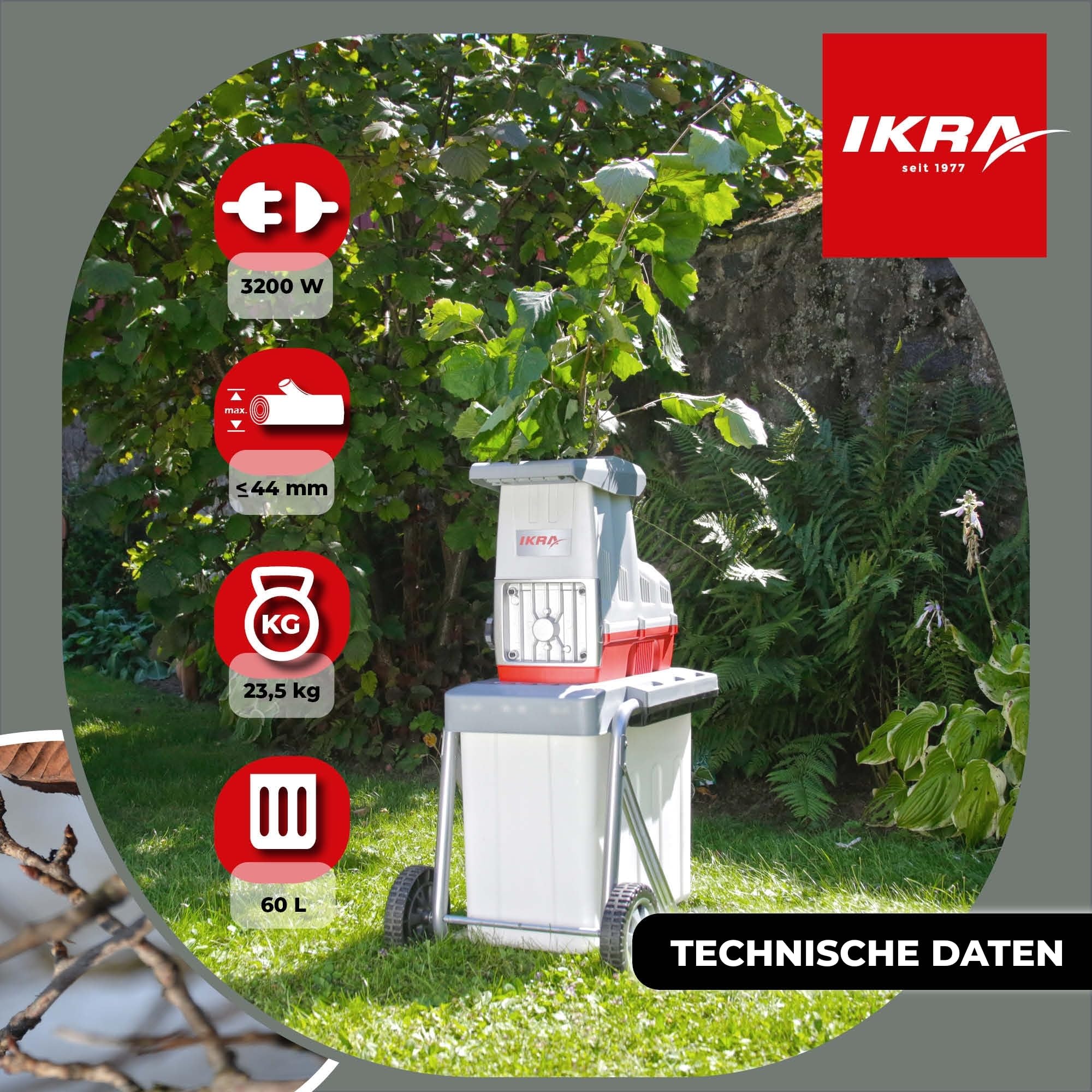 Elektro Gartenhäcksler Walzenhäcksler ILH 3200A mit 3200 Watt und Aststärke bis 44 mm, inkl. 60-Liter-Fangbox und Stopfer