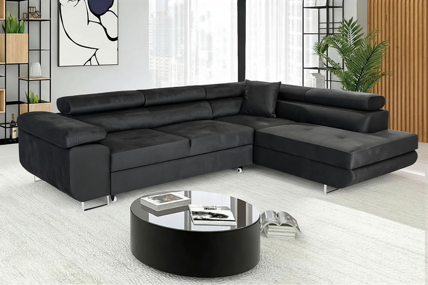 Ecksofa mit Schlaffunktion PASTI L-Form, Sofa Couch mit Bettkasten, 3-Sitzer Eckcouch, Schlafsofa für Wohnzimmer, Big Sofa Couch mit Schlaffunktion (Schwarz, Ottomane Rechts)