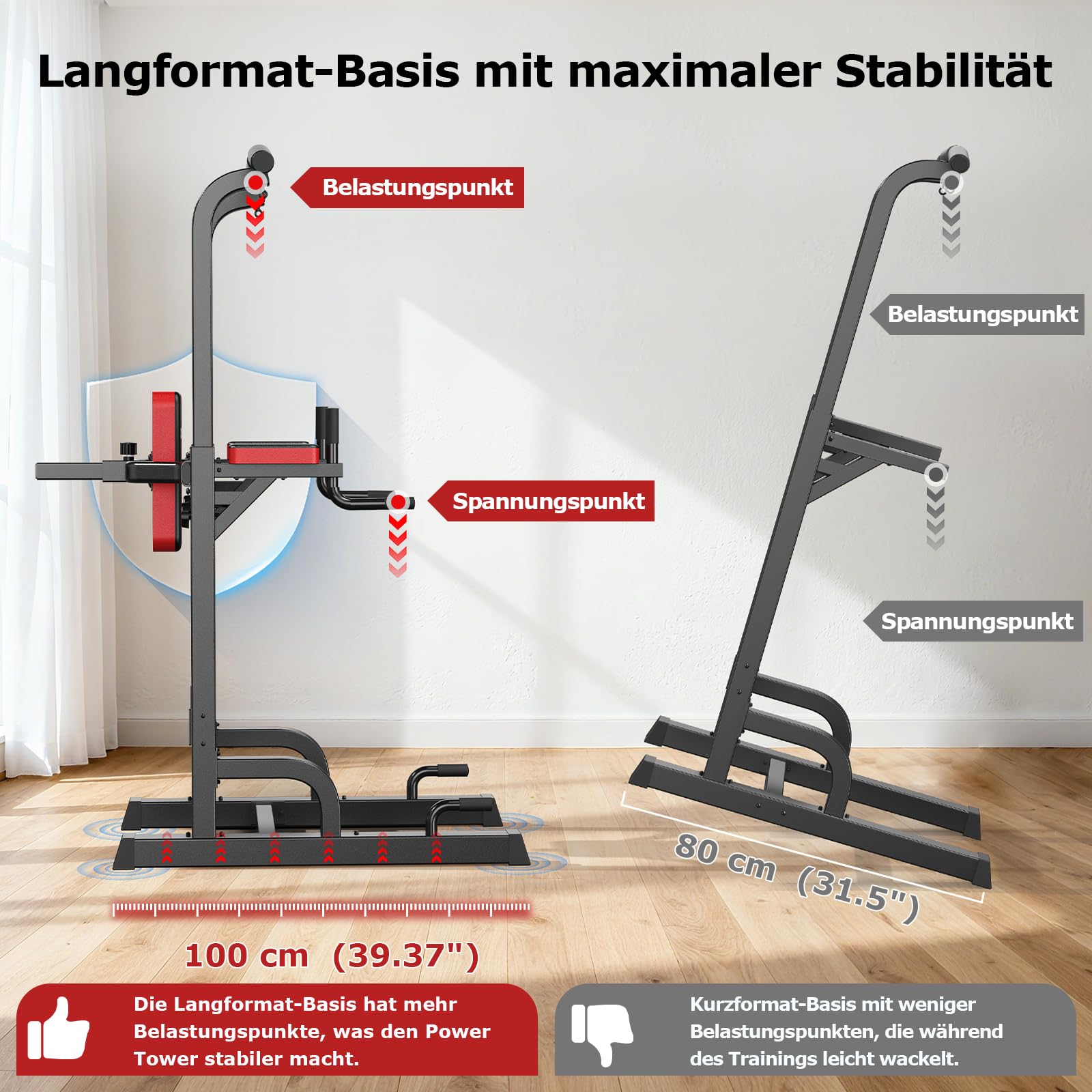 Power Tower Dip-Station mit Klimmzugstange, freistehend, 7-fach höhenverstellbar, bis 200 kg, inkl. Widerstandsband