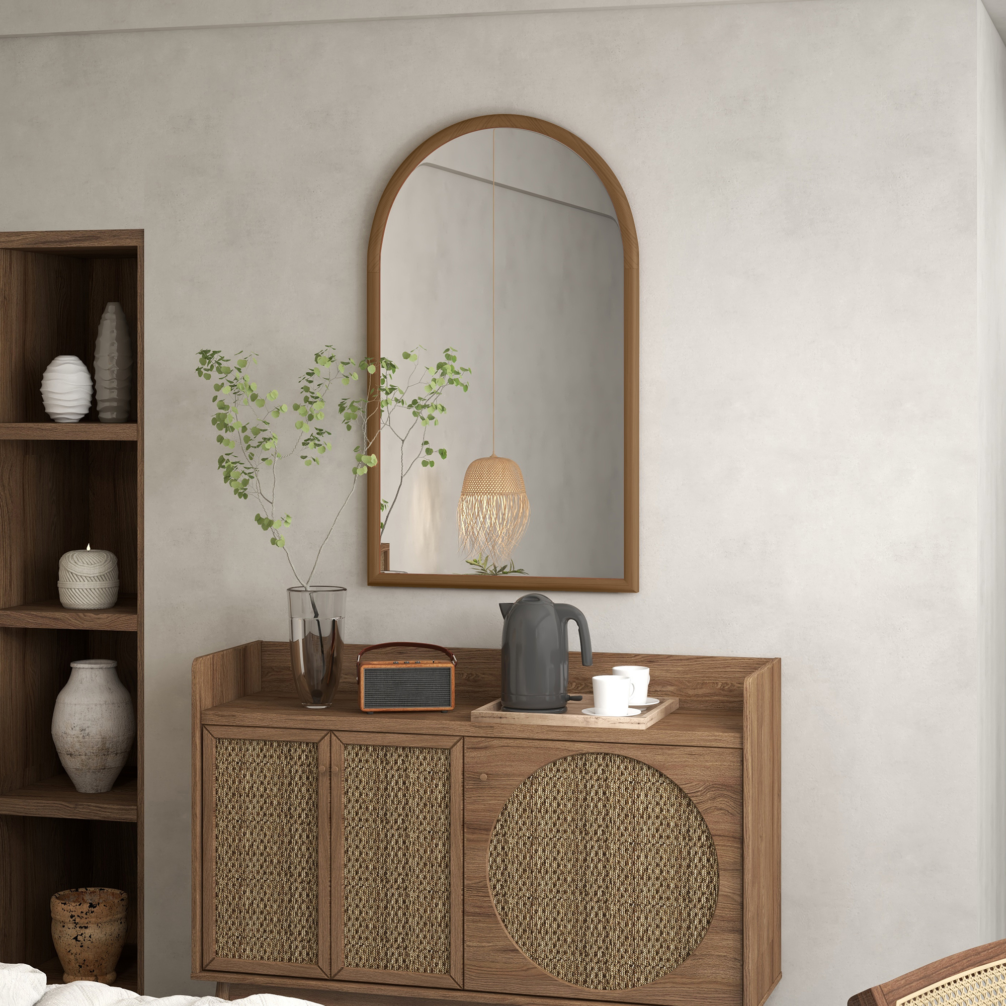 HOMCOM Wandspiegel Bogenform, 110 x 65 cm Holzrahmen, Bogenförmiger Spiegel für Wohnzimmer, Schlafzimmer, Eingangsbereich, Dunkelbraun