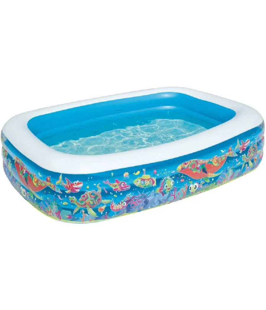 Trade Shop - Piscina Gonfiabile Family Rettangolare 3 Anelli Fantasia Pesci 229x152x56cm