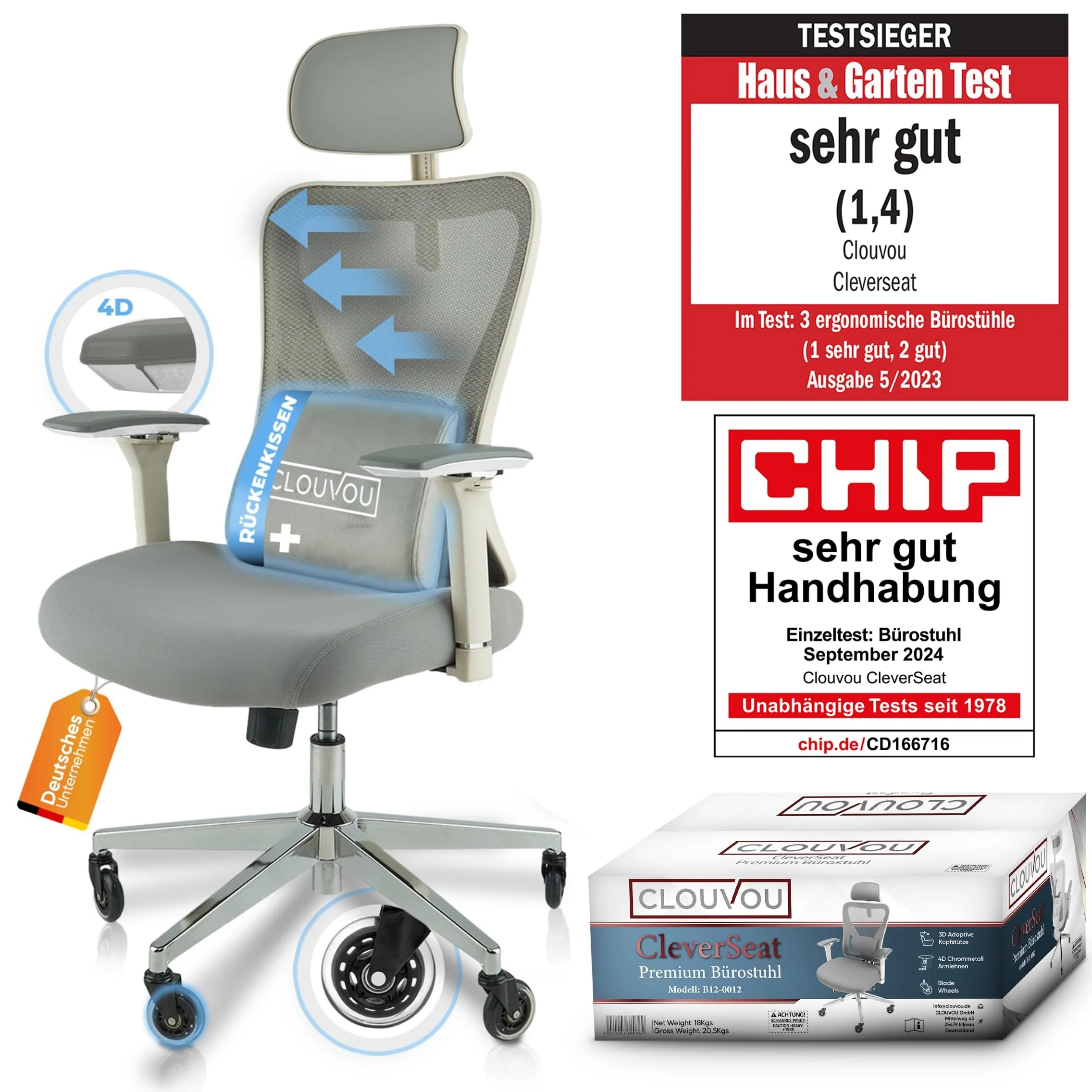 CLOUVOU Ergonomischer Bürostuhl mit verstellbaren Armlehnen und Kopfstütze