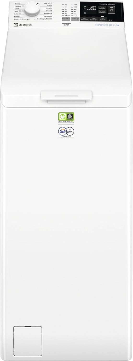 Electrolux 600 Lavatrice a Carica Dall'alto, 7 kg, EW6T437A, Classe A, Tecnologia SensiCare, Display LCD con Touch Control, Giri 1251, 600x400x890 mm, Bianco