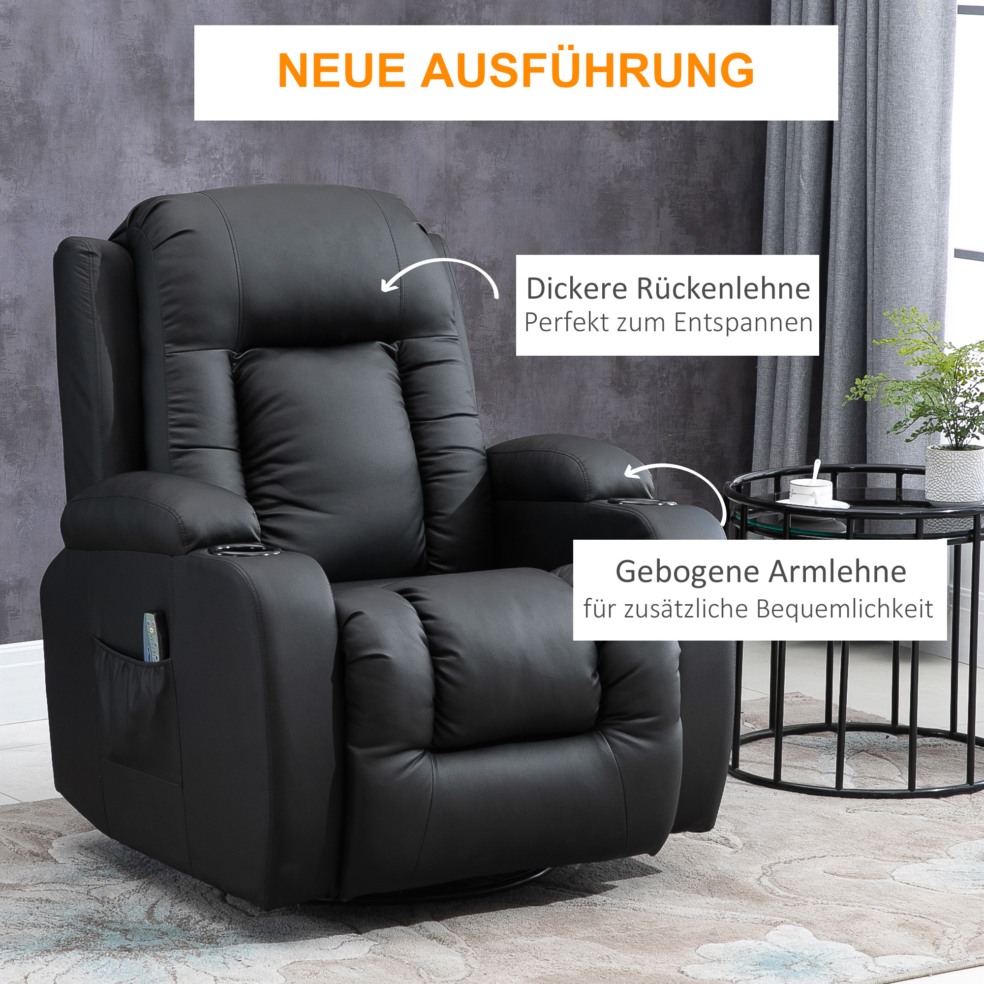 HOMCOM Massagestoel, relaxstoel, schommelfunctie, 8 vibratiepunten, inclusief afstandsbediening, zwart