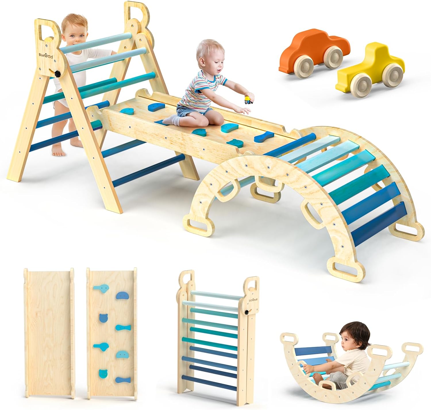 BlueWood 7 in 1 Foldable Pikler Triangle Set &ndash; Wooden Montessori Climbing Toys with Arch, Ramp & Ladder for Toddlers, Indoor Jungle Gym &ndash; Rainbow