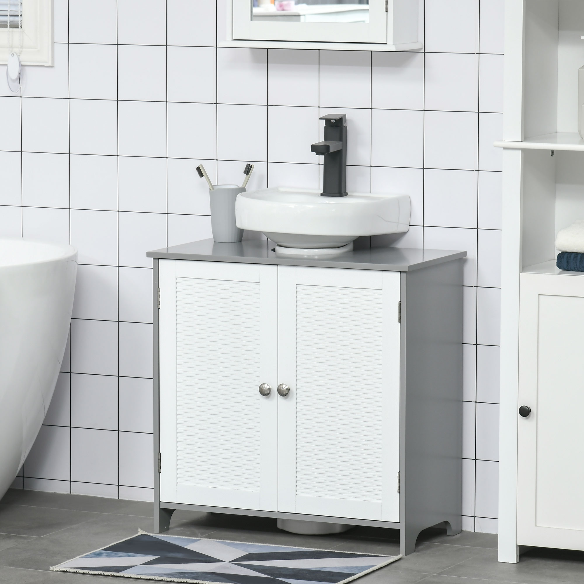 kleankin Unterschrankmöbel Waschbeckenunterschrank Badezimmerschrank 60 x 30 x 60 cm Grau Weiß