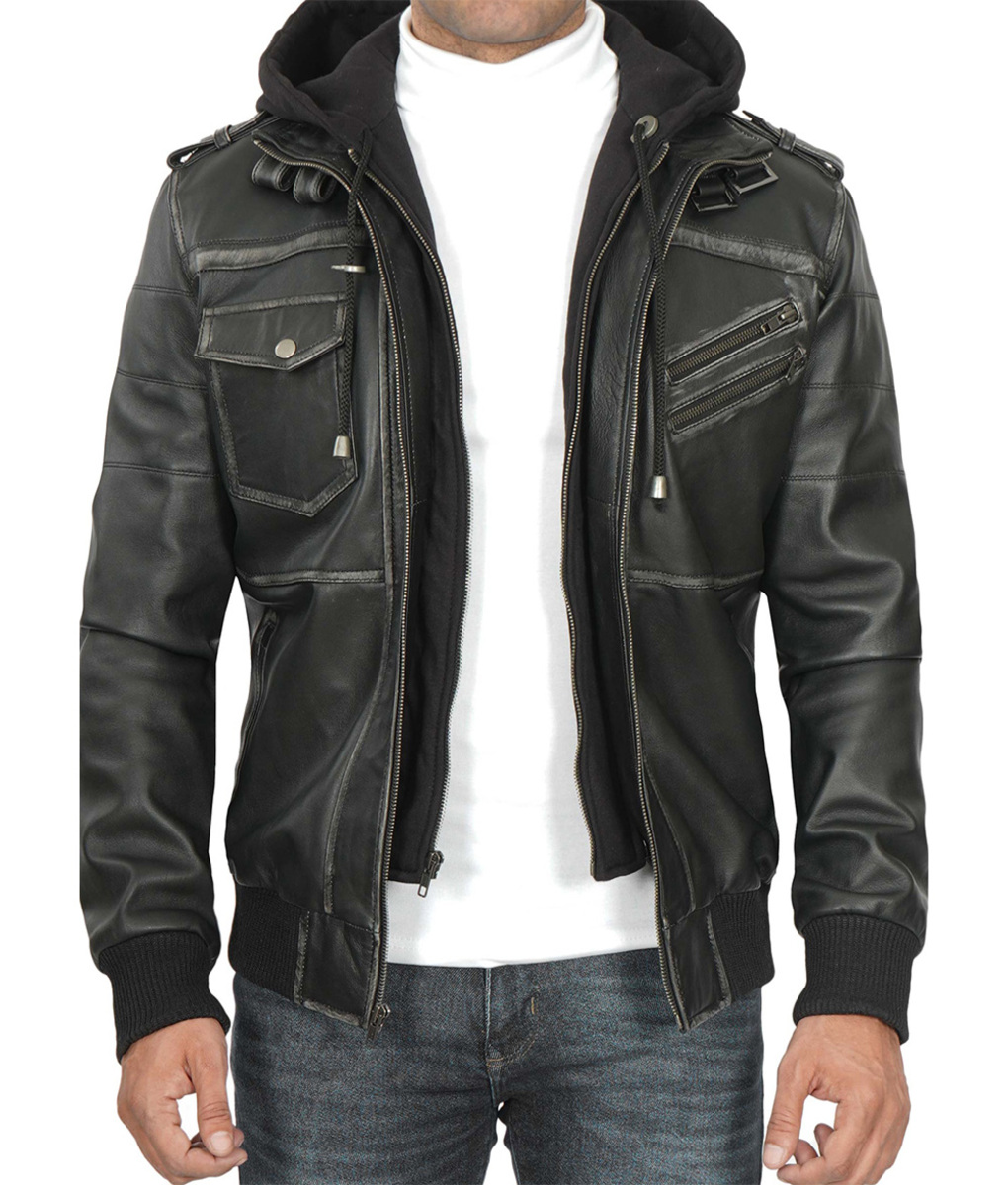 Mens Grey Leather Bomber Jacket with Removable Hood