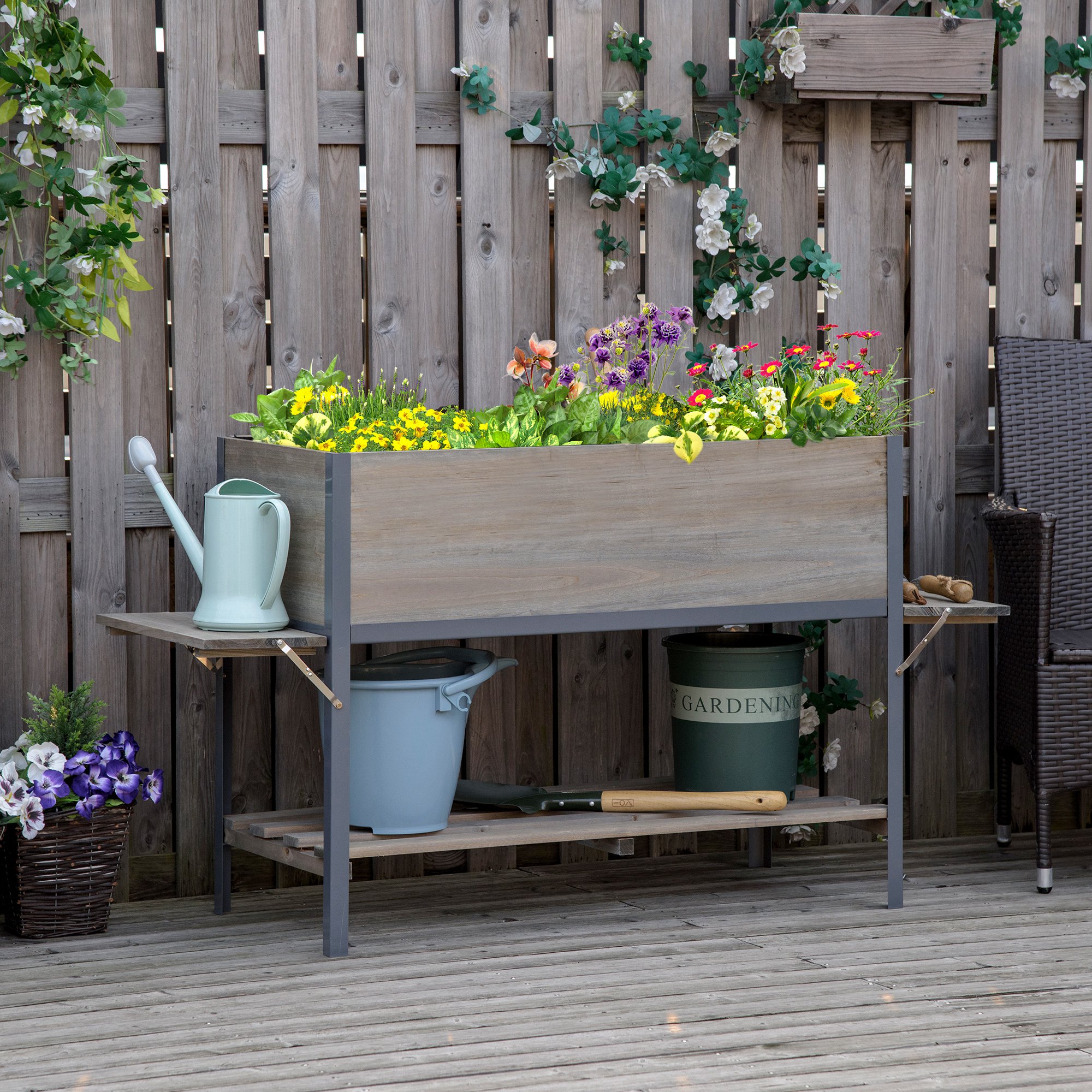 Outsunny Hochbeet Pflanzkasten mit 2 faltbaren Ablagen unterer Ablagefläche Blumenkasten Blumentopf Kräuterbeet Massivholz Hellgrau 140 x 46 x 75,5 cm