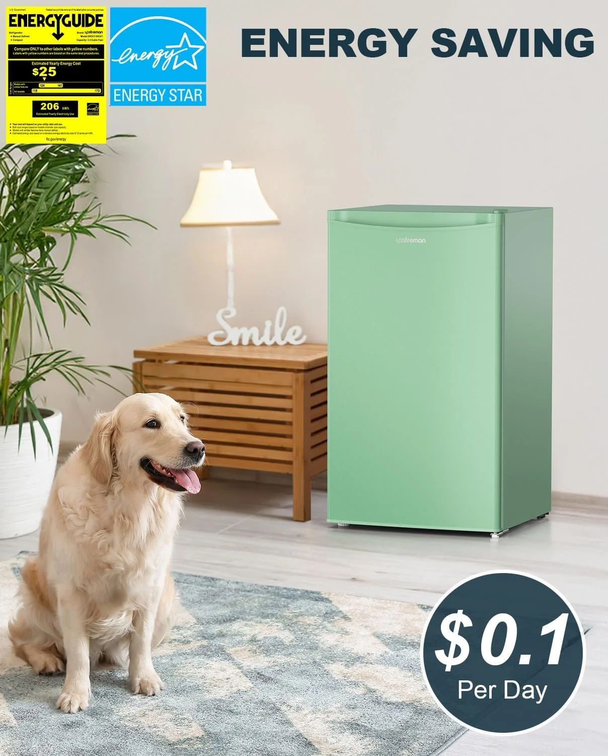 Upstreman 3.2 Cu.Ft Mini Fridge with Freezer, Single Door Mini Fridge, Dorm Fridge, Adjustable Thermostat, Mini Refrigerator for Bedroom, Office, Dorm, Green-BR321