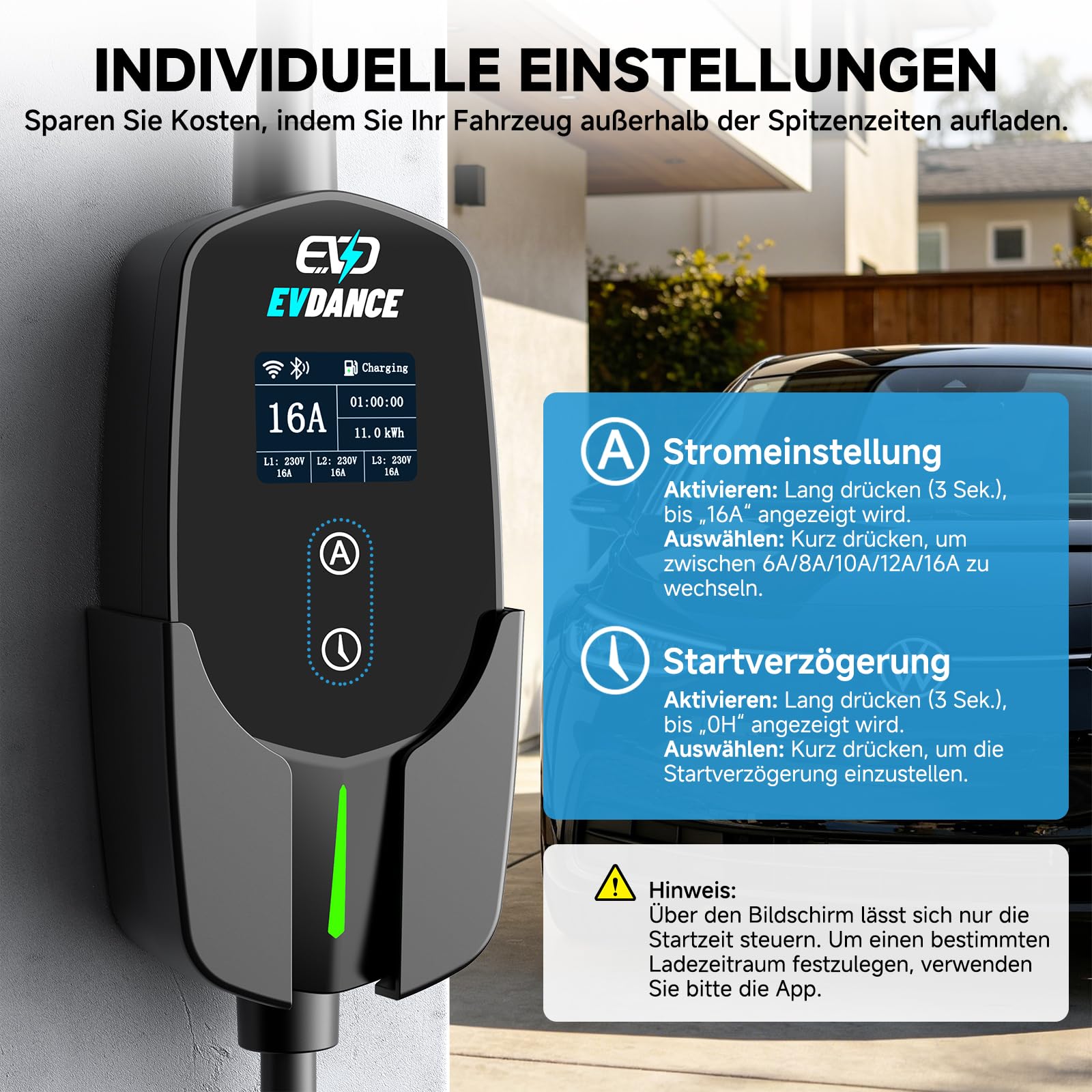 Mobile Wallbox 11 kW Typ 2 6–16 A einstellbar IP66 WLAN App-Steuerung Ladezeit 1–12 Stunden
