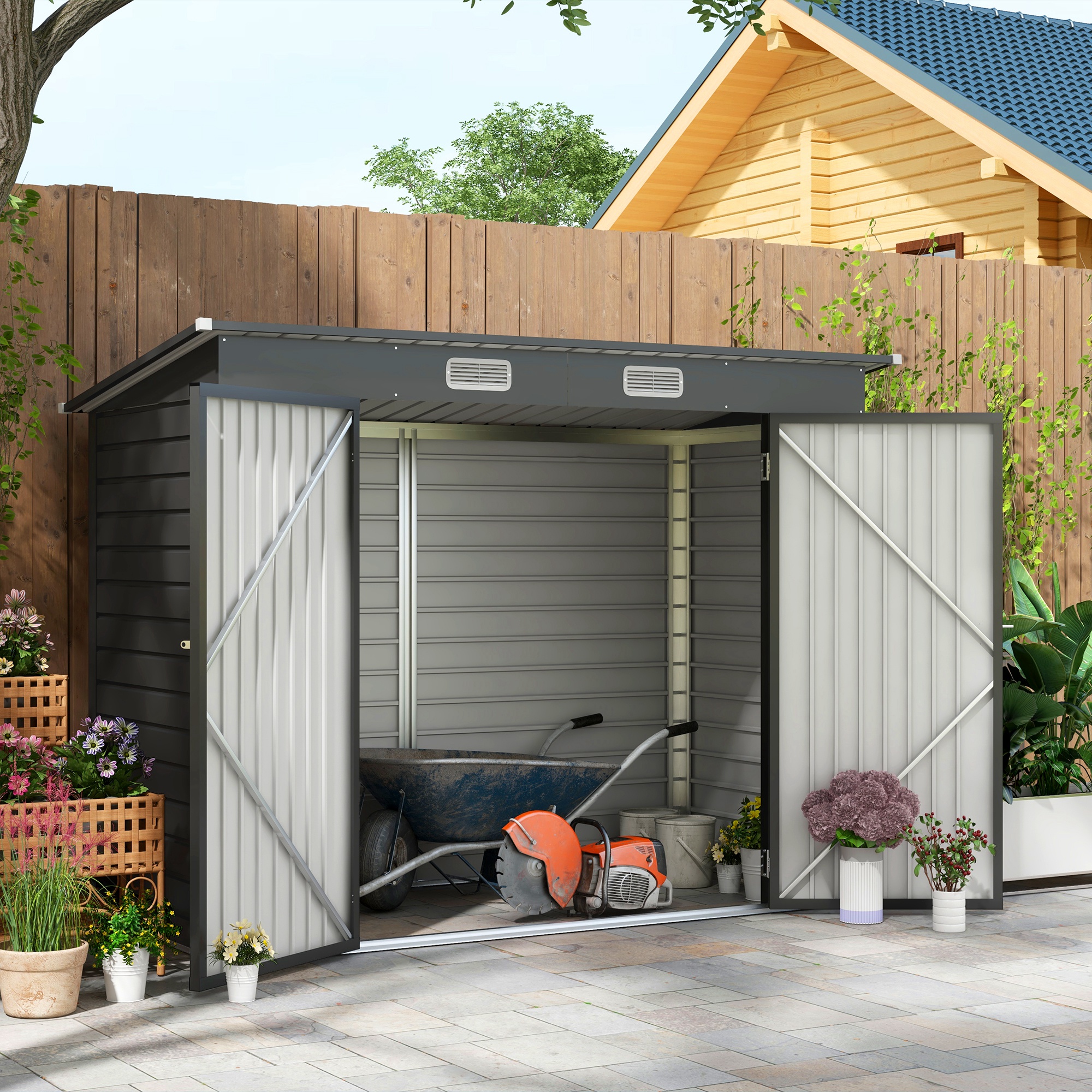 Outsunny Stalen tuinschuurtje, Gerteschuppen, Dubbele Deuren, 249B x 121D x 166/183H cm, Grijs
