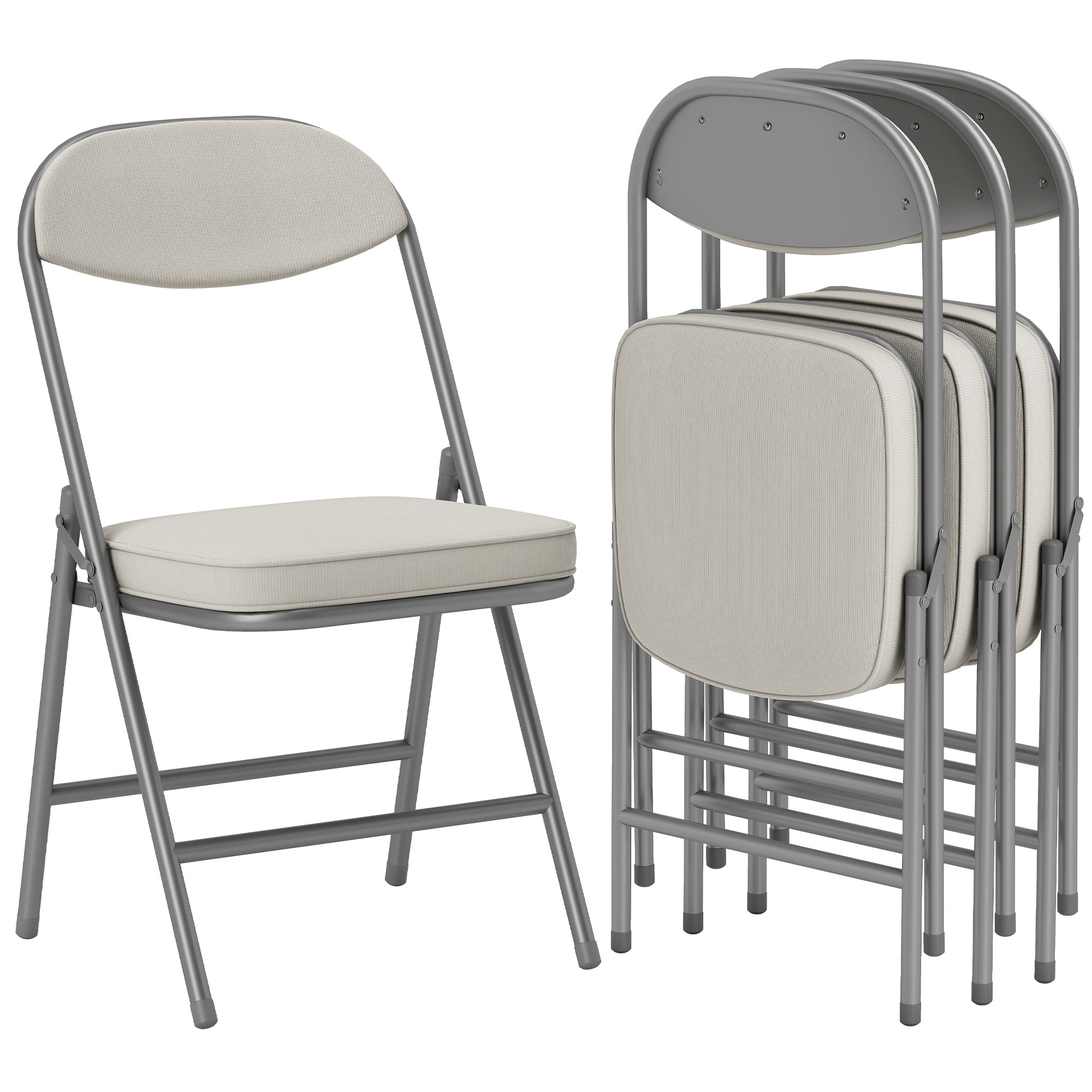 HOMCOM 4er-Set gepolsterte Klappstühle, Faltbare Stühle mit Cordbezug, Rückenlehne, Metallrahmen, Cremeweiß