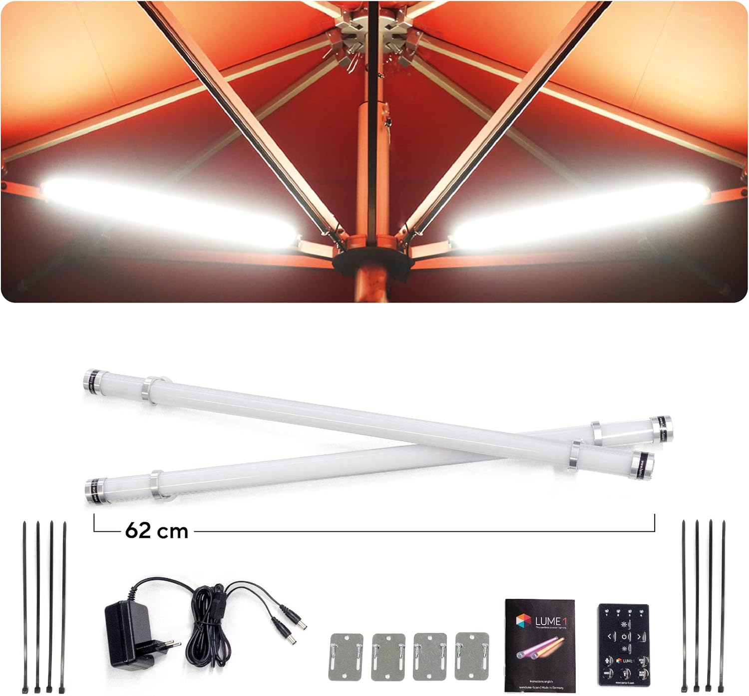 Lume1 kabellose Akku Sonnenschirmbeleuchtung - inkl. Akkus! 20 Farb- und Farbwechselprogramme Made in Germany! RGB + Warmweiß: 2.700 Kelvin, 1.920 Lumen (Pro 2er)