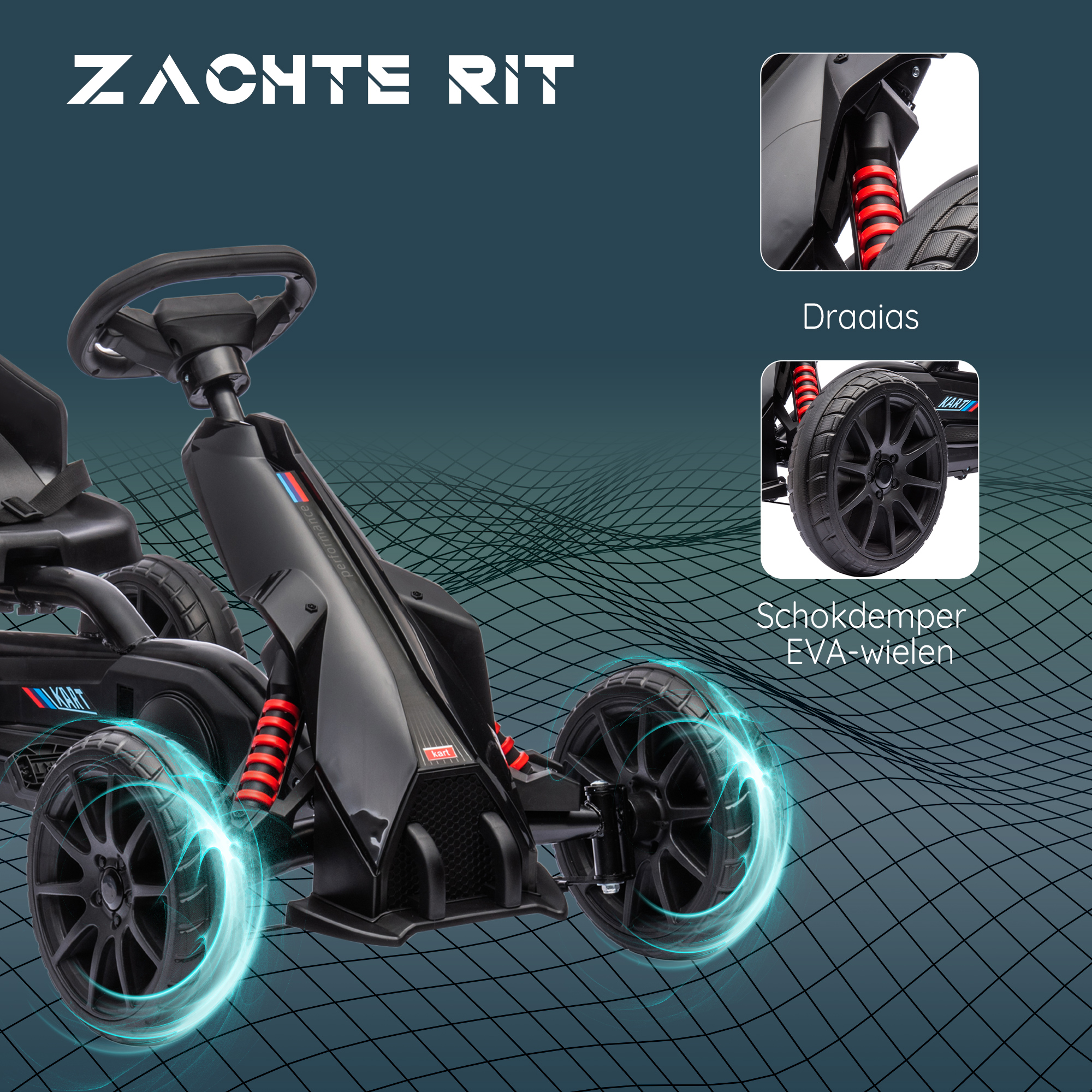 Go-Kart Kinderrijtuig met Verstelbare Zitting, Trapvoertuig, Trapauto met Handrem, 3-8 Jaar, Buiten, Zwart