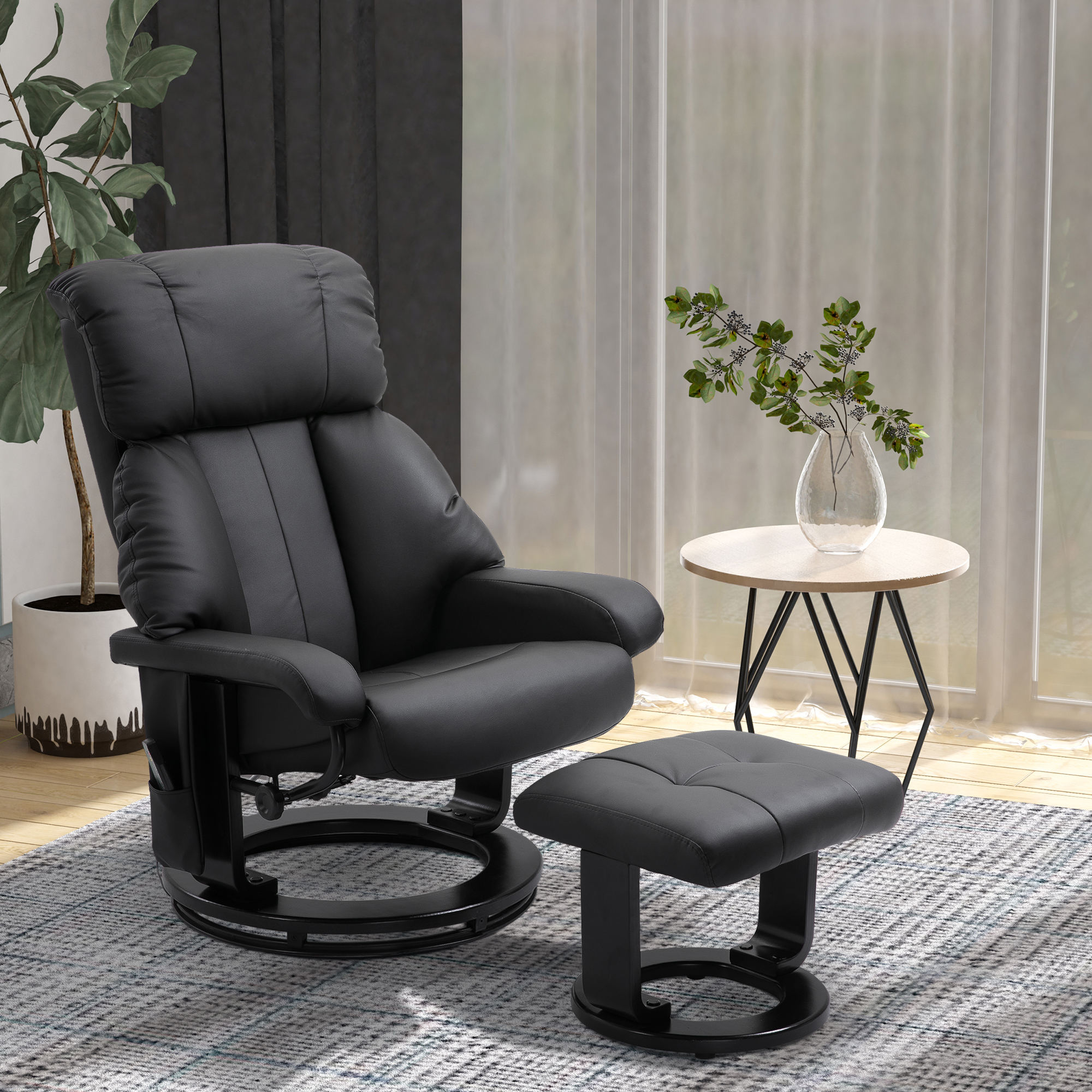 HOMCOM Relaxsessel mit Fußhocker, Massagesessel mit Liegefunktion, Elektrischer Liegesessel mit Fernbedienung, Fernsehsessel mit Seitentasche, Kunstleder, Schwarz