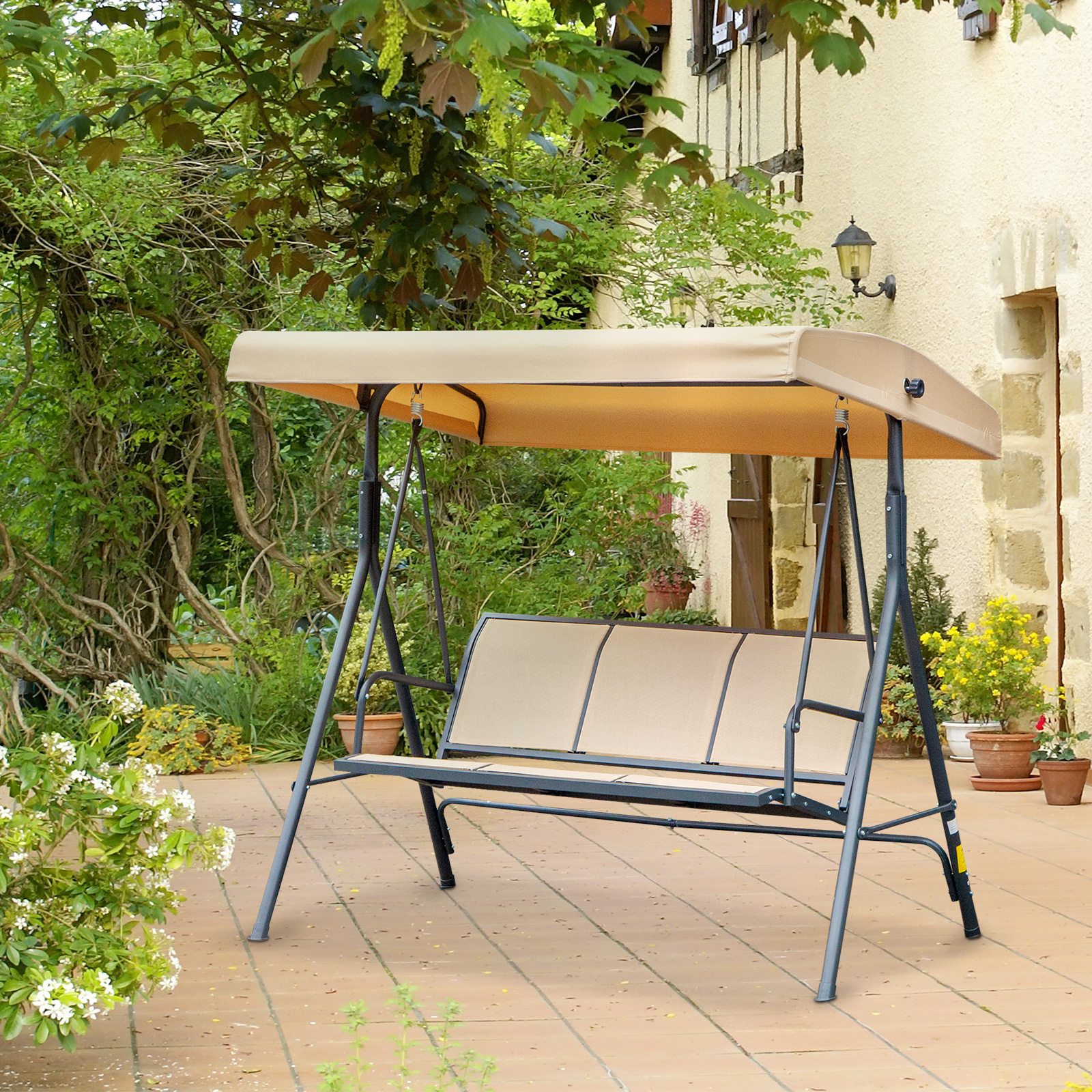 Outsunny Gartenwippe für 3 Personen mit großer Bequemlichkeit, verstellbarem Dach, ergonomischer Sitz- und Rückenlehne, pulverbeschichtetem Stahl, Textilene Beige