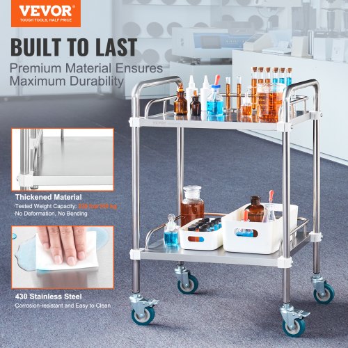 VEVOR Labor-Rollwagen, 2-Regal-Rollwagen aus Edelstahl, Labor-Servierwagen mit Lenkrollen, Laborwagen Dentalwagen für Klinik, Labor, Krankenhaus, Salon, 385 x 548 x 865 mm