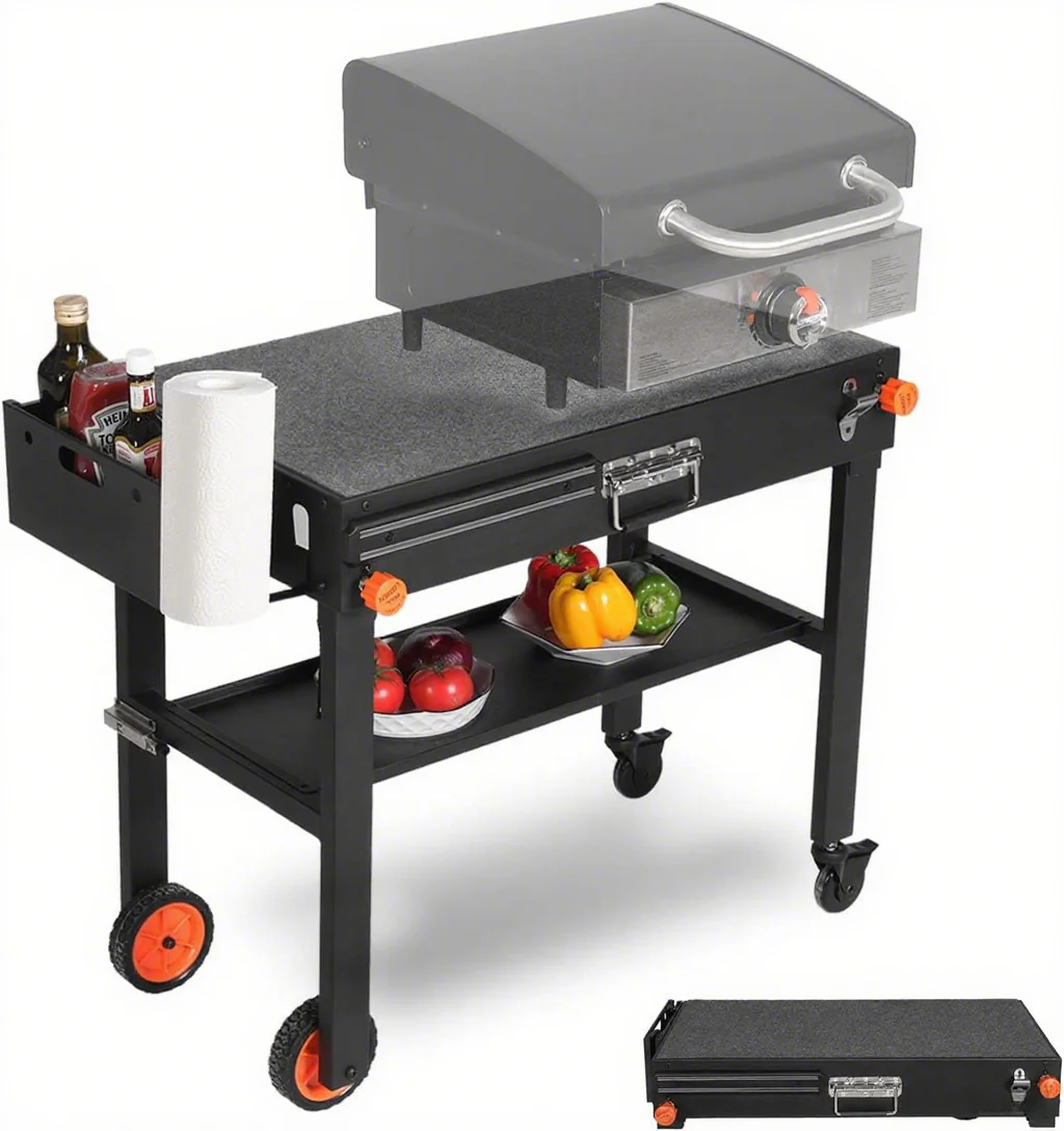 Portable Outdoor Grill Table, Folding Grill Cart Solid and Sturdy, Griddle Stand Large Space, Blackstone Table with Paper Towel Holder, Grill Stand for Blackstone Griddle,Grills etc