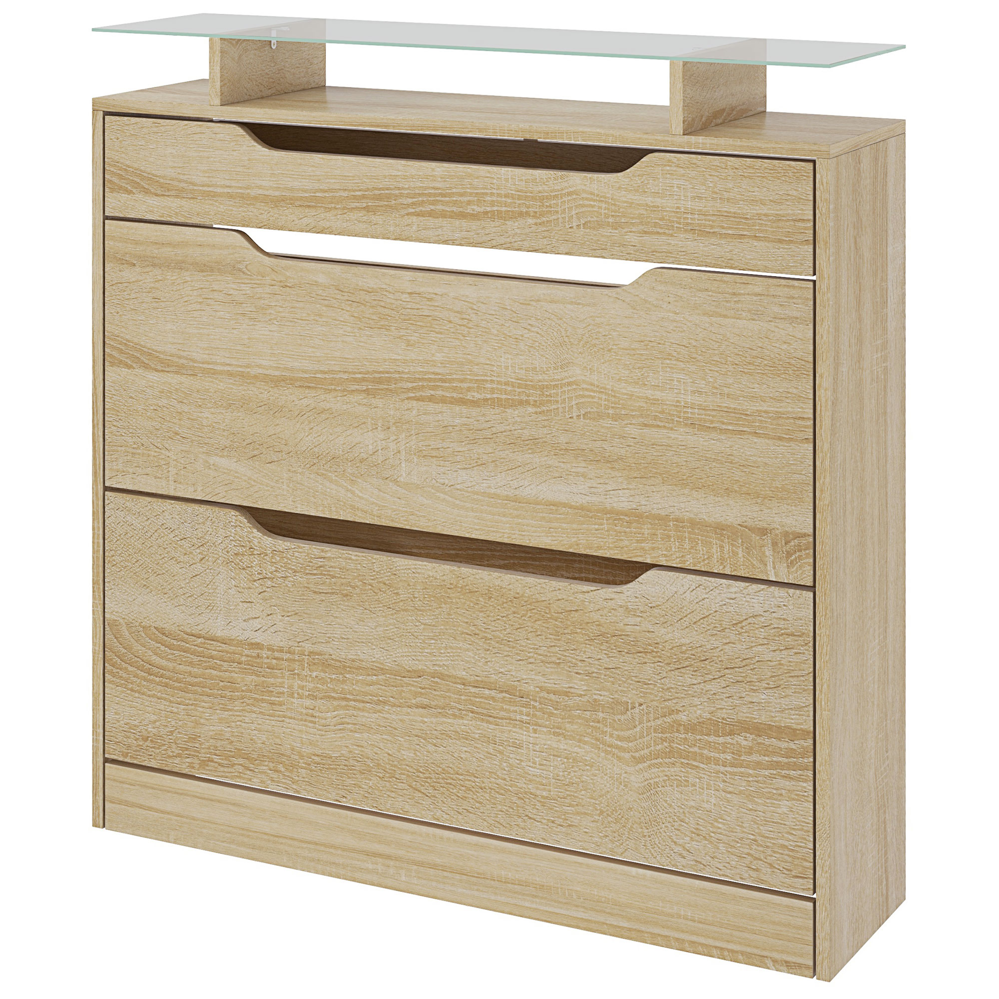 HOMCOM Schuhschrank mit 2 klappbaren Türen + 1 herausziehbarer Schublade + 1 Glasregal, höhenverstellbar