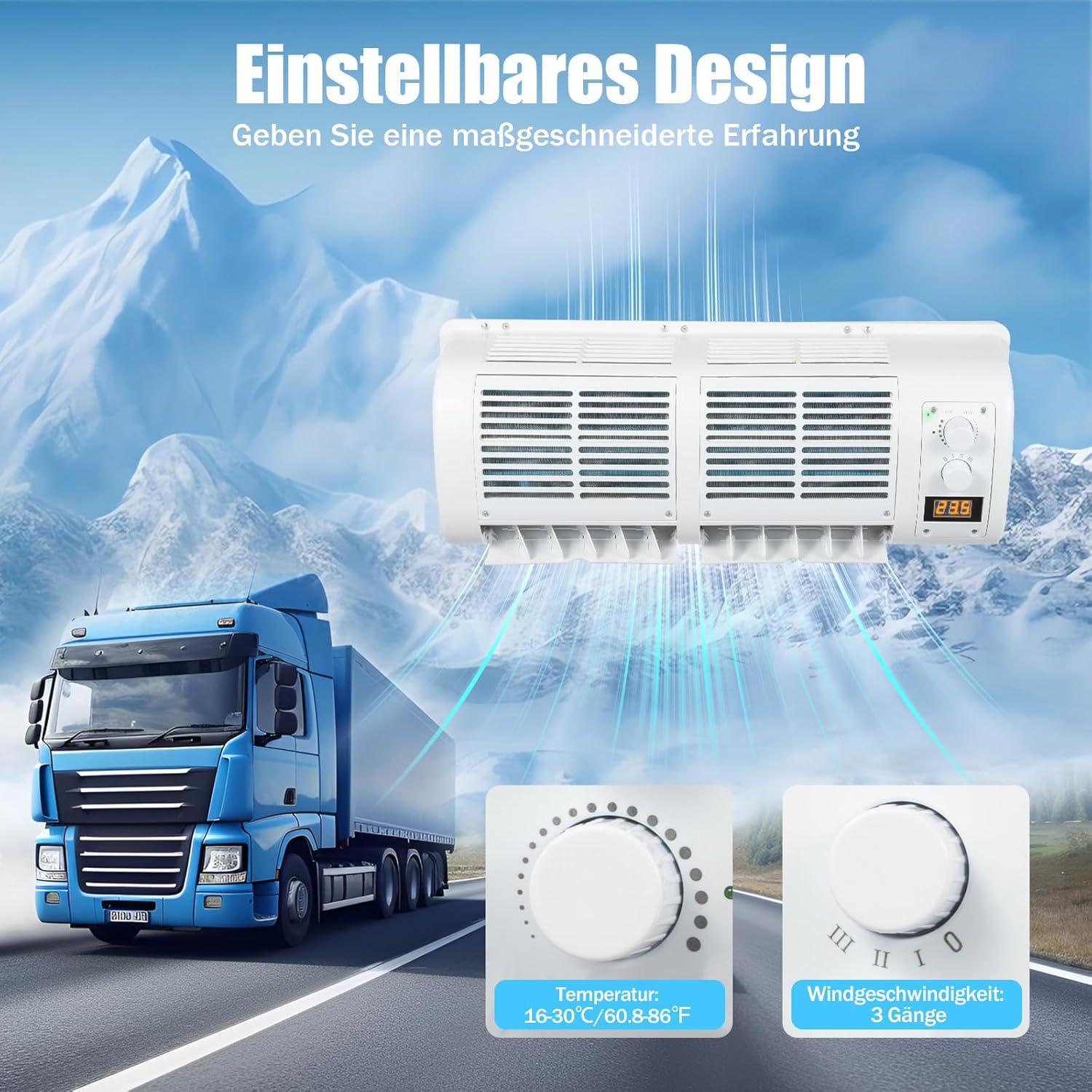 12V Auto Klimaanlage mit LCD Display 100W Auto-Klimaanlagengebläse für Lkw Gabelstapler Wohnmobile und Erntemaschinen Geräuschpegel 65 dB verstellbare Temperaturen 16 bis 30°C