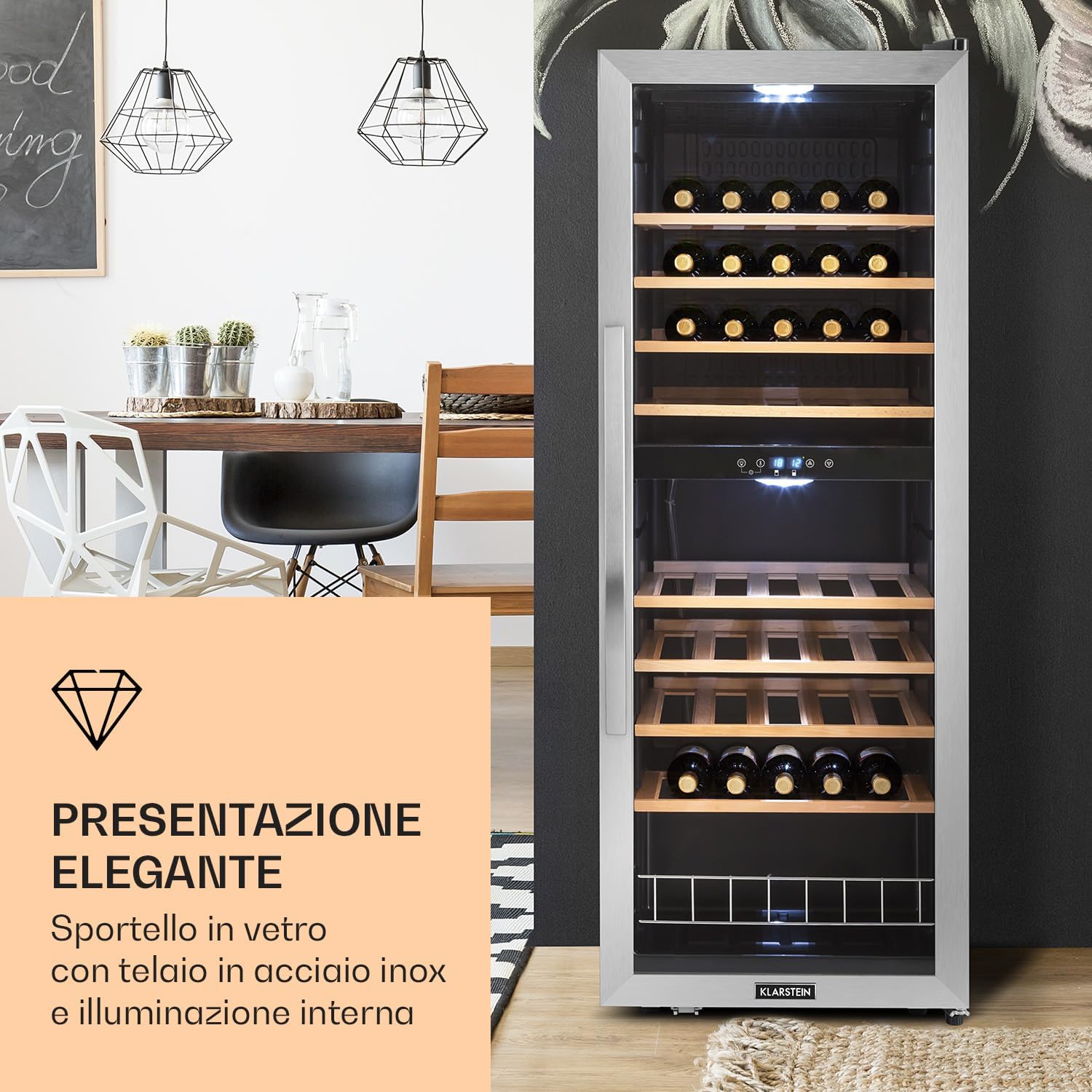 Klarstein Cantinetta Vino, Cantinetta Vino Refrigerata a Zona Doppia per Interno/Esterni, Frigo Bar Cantina Vino con Vetrina, Mini Bar con Protezione UV, Frigo Vino Touch, 5-18°C, 54 Bottiglie