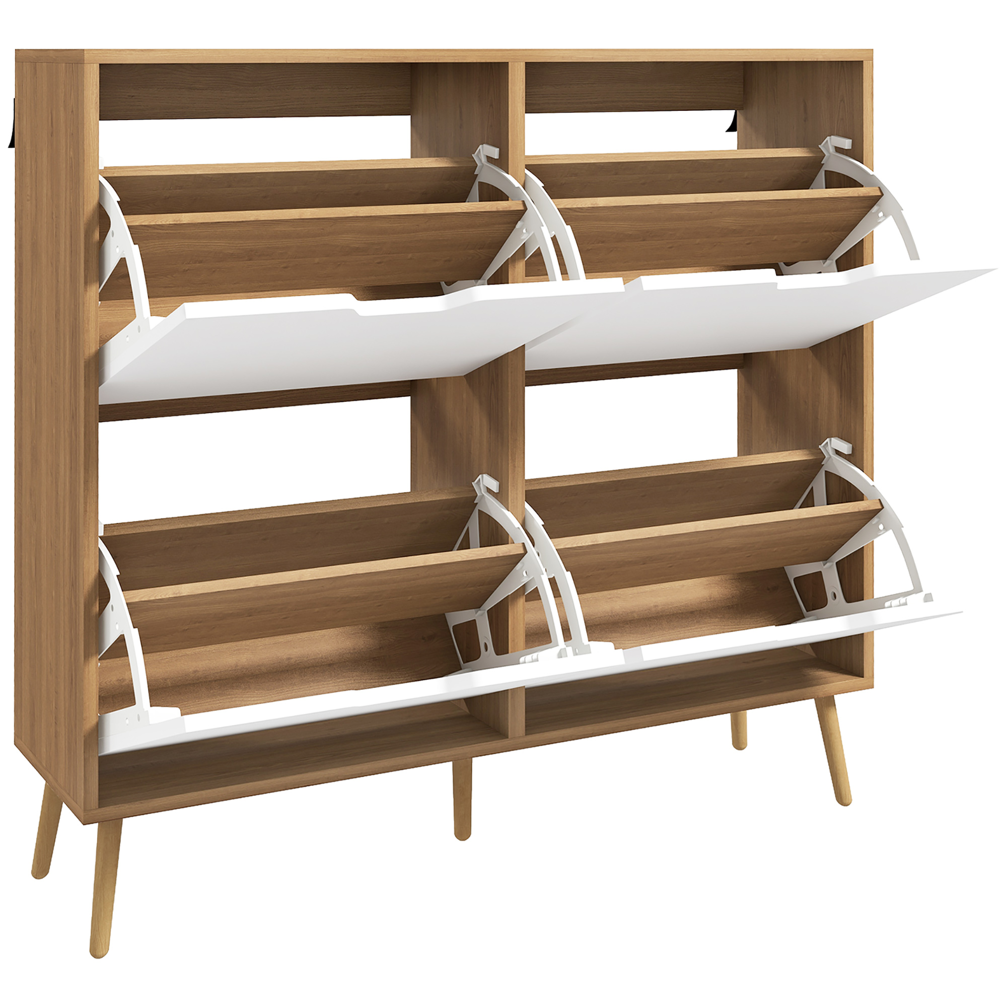 HOMCOM Schuhschrank 4 Klappen 16 Paare mit verstellbarem Regal massiven Kieferfüßen 95 x 26 x 95 cm Natur