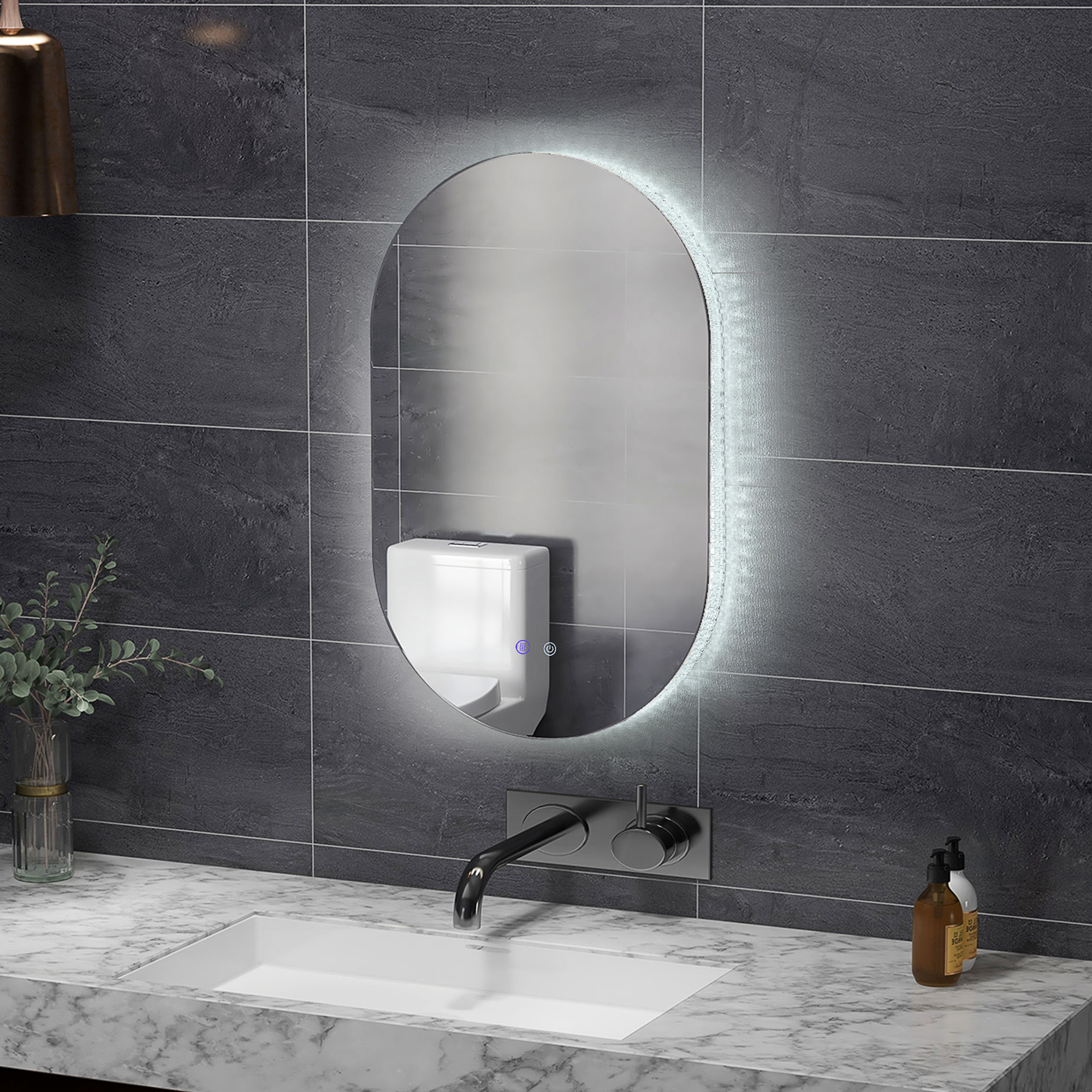 kleankin Ovaler wandmontierter LED-Badezimmerspiegel 91 x 61 cm 3 Farben einstellbare Helligkeit Touchschalter transparent