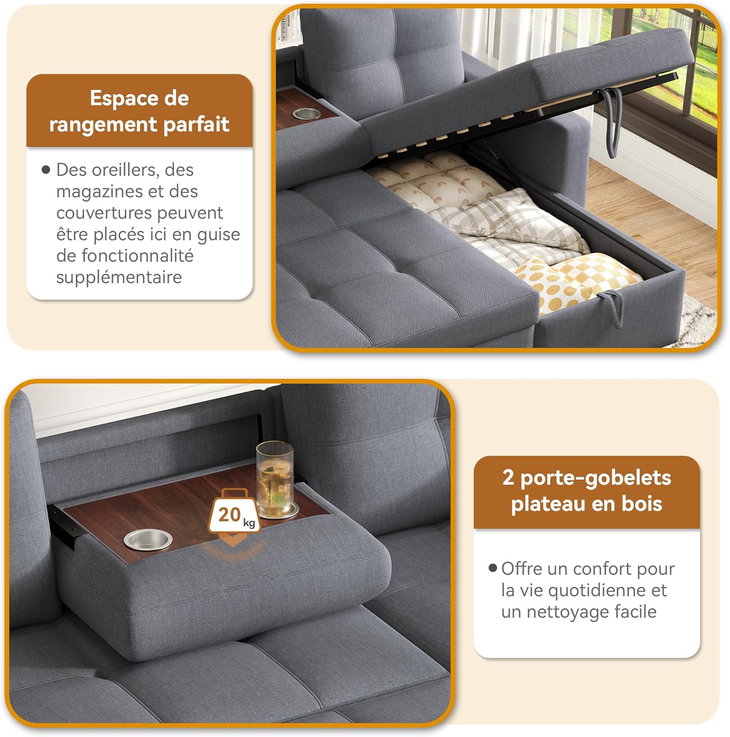 Modernes L-Sofa, modulares ausziehbares Schlafsofa mit Schlaffunktion, ausgestattet mit Stauraum, herunterziehbarem Getränkehalter, geeignet für Wohnzimmer, Heimkino (Grau)