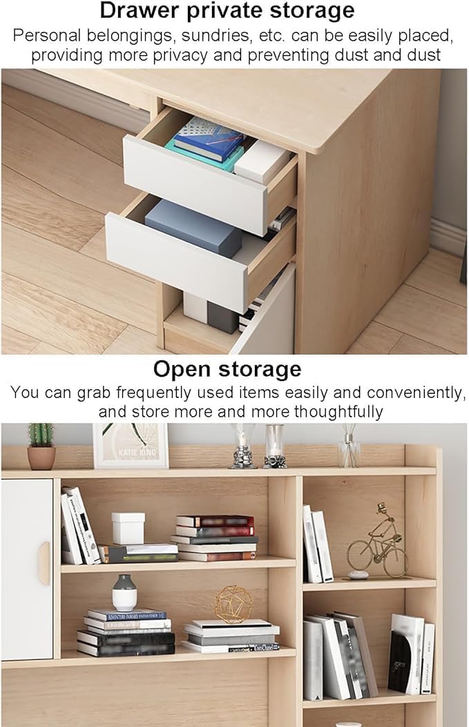 Moderna Scrivania in Legno con Cassetti，Scrivania da Lavoro con Cassettiera per casa e Ufficio con Ripiano Portaoggetti e Libreria per Computer in l(Size:120x45x165cm,Color:Bianco)