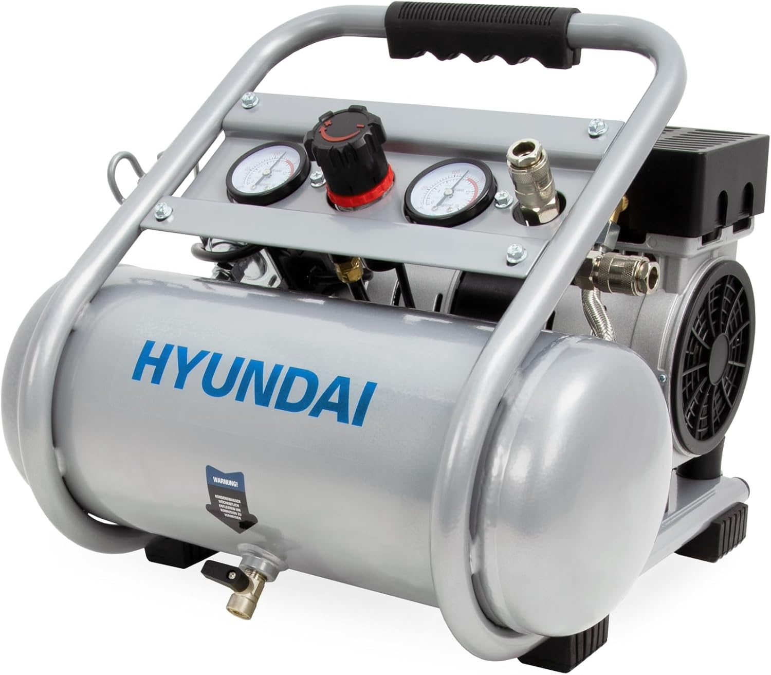 HYUNDAI Silent Kompressor SAC75008 8L Kessel 0.75kW, 9bar Ansaugleistung 128 L/Min Luftkompressor leise, ölfrei 2 Anschlüsse Flüsterkompressor, Compressor flüsterleise