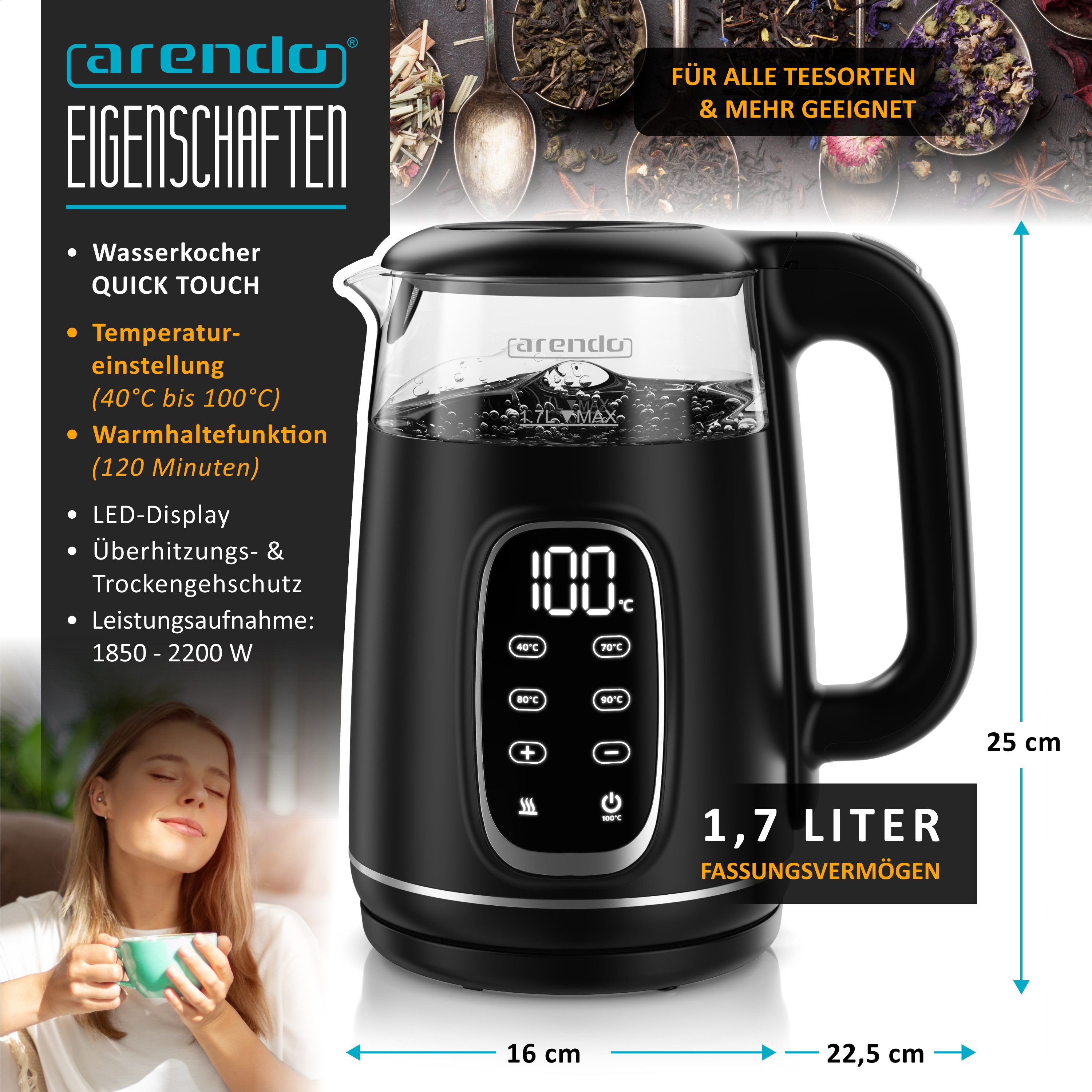 Wasserkocher Glas & Edelstahl, Temperatureinstellung 40°–100°C, Anzeige, Doppelwand