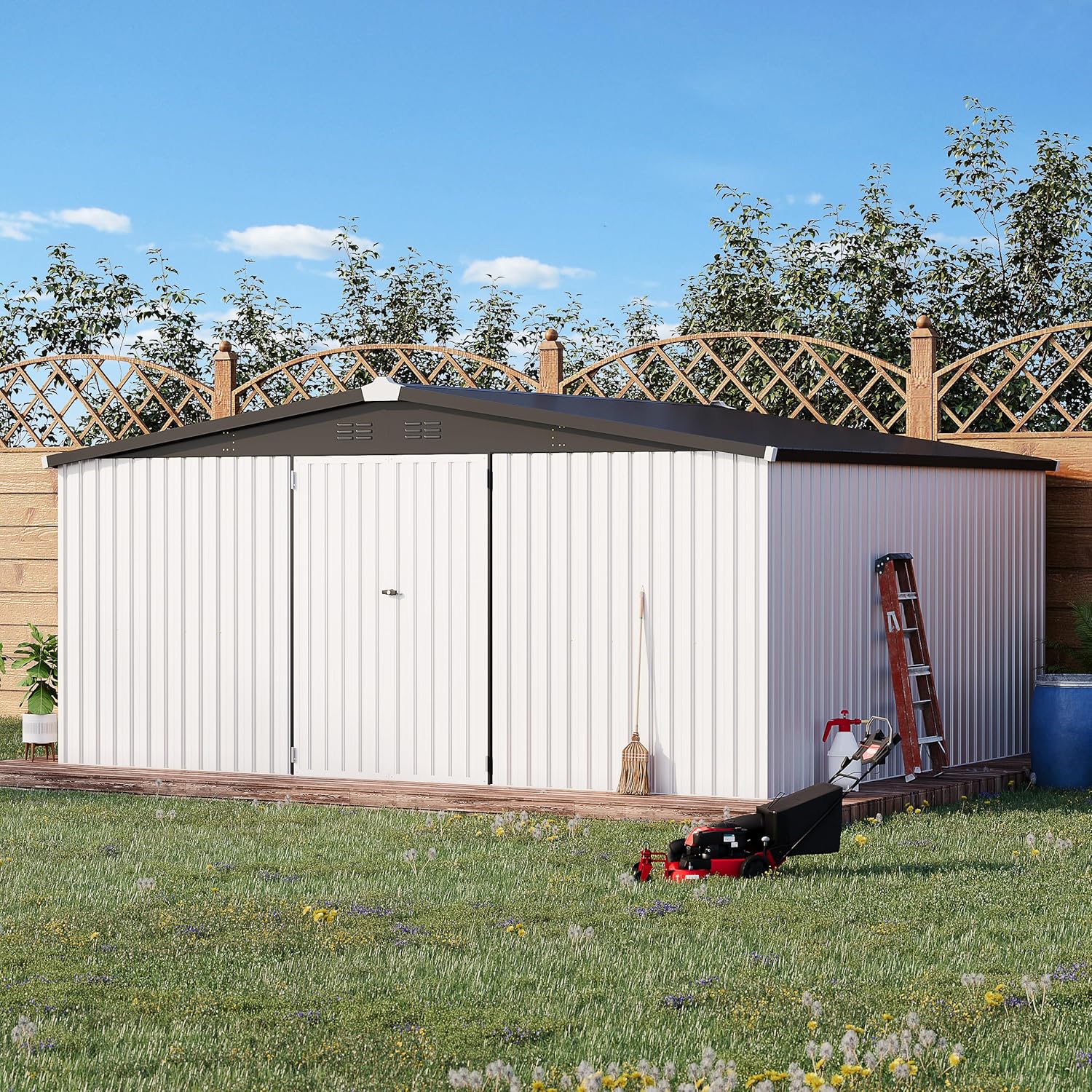 AECOJOY 12' x 14' Outdoor Storage Shed  Large 14x12 Metal Sheds & Outdoor Storage Clearance Steel Yard Shed with Lockable Doors  Utility Tool Storage Garden Shed for Backyard  Patio and Outside use
