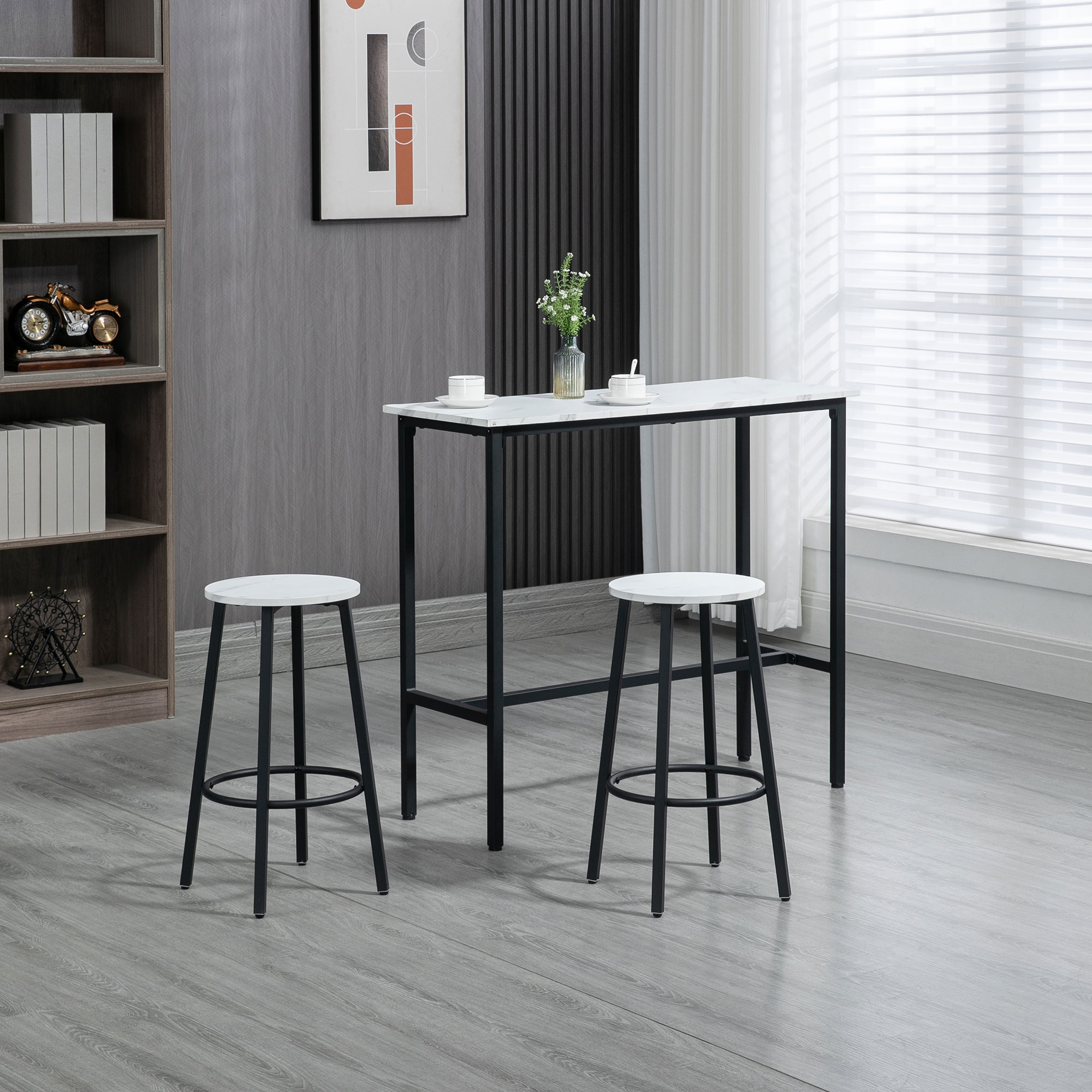 HOMCOM Bartisch-Set + 2 Hocker Stahlrahmen marmorierte Oberfläche 2 Personen Weiß