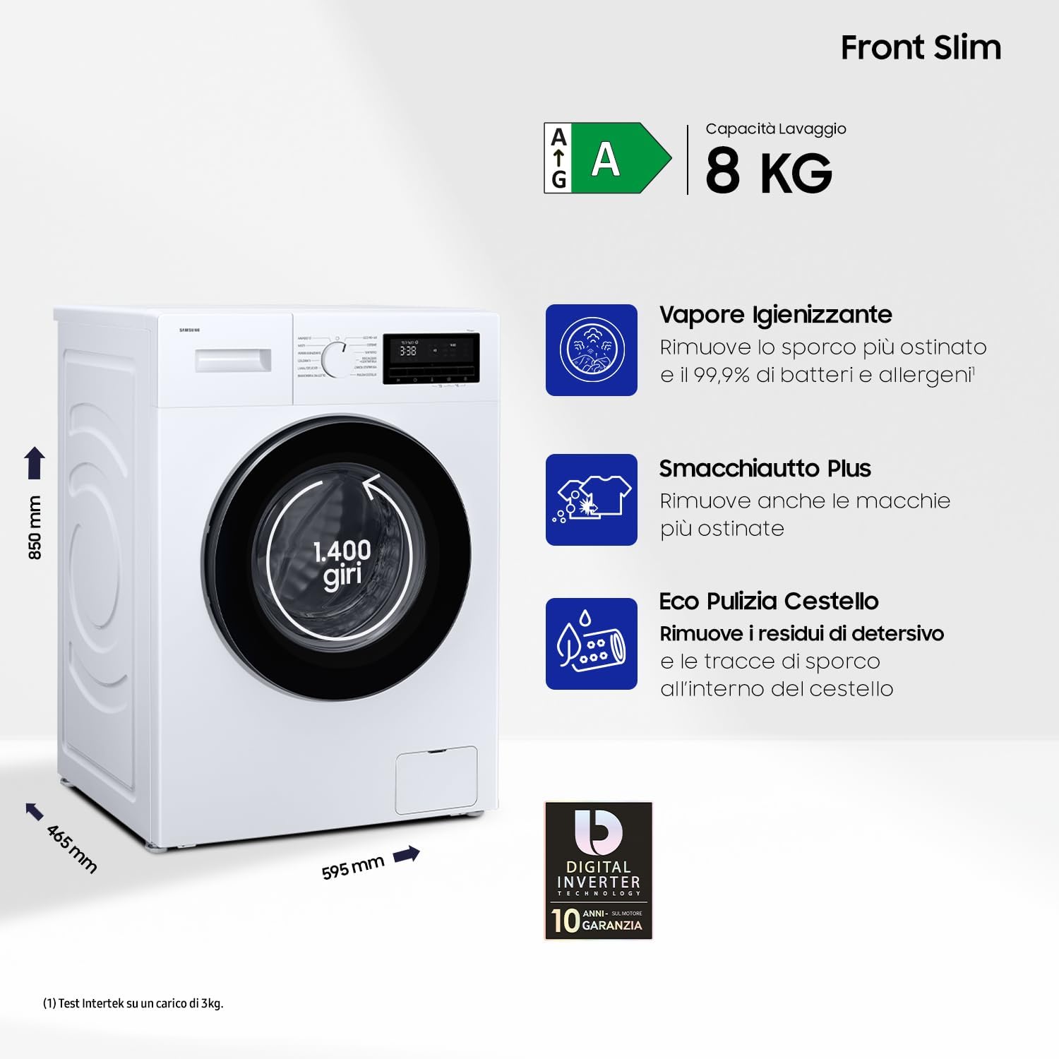 Samsung Lavatrice Front Slim WW80FG3M05AW/ET, 8 Kg, Display LED, Vapore Igienizzante, Carica Frontale, Corpo: Bianco, Oblò e Display: Nero, 59,5l x 85h x 48p cm