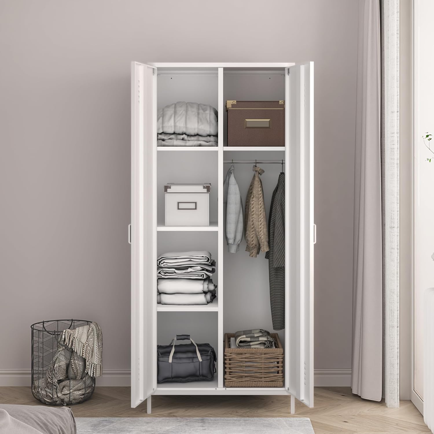 [en.casa] 2 Door Wardrobe with Clothes Space and Compartments Steel Wardrobe with Shelves for Bedroom Entrance 180 x 76 x 50 cm - White