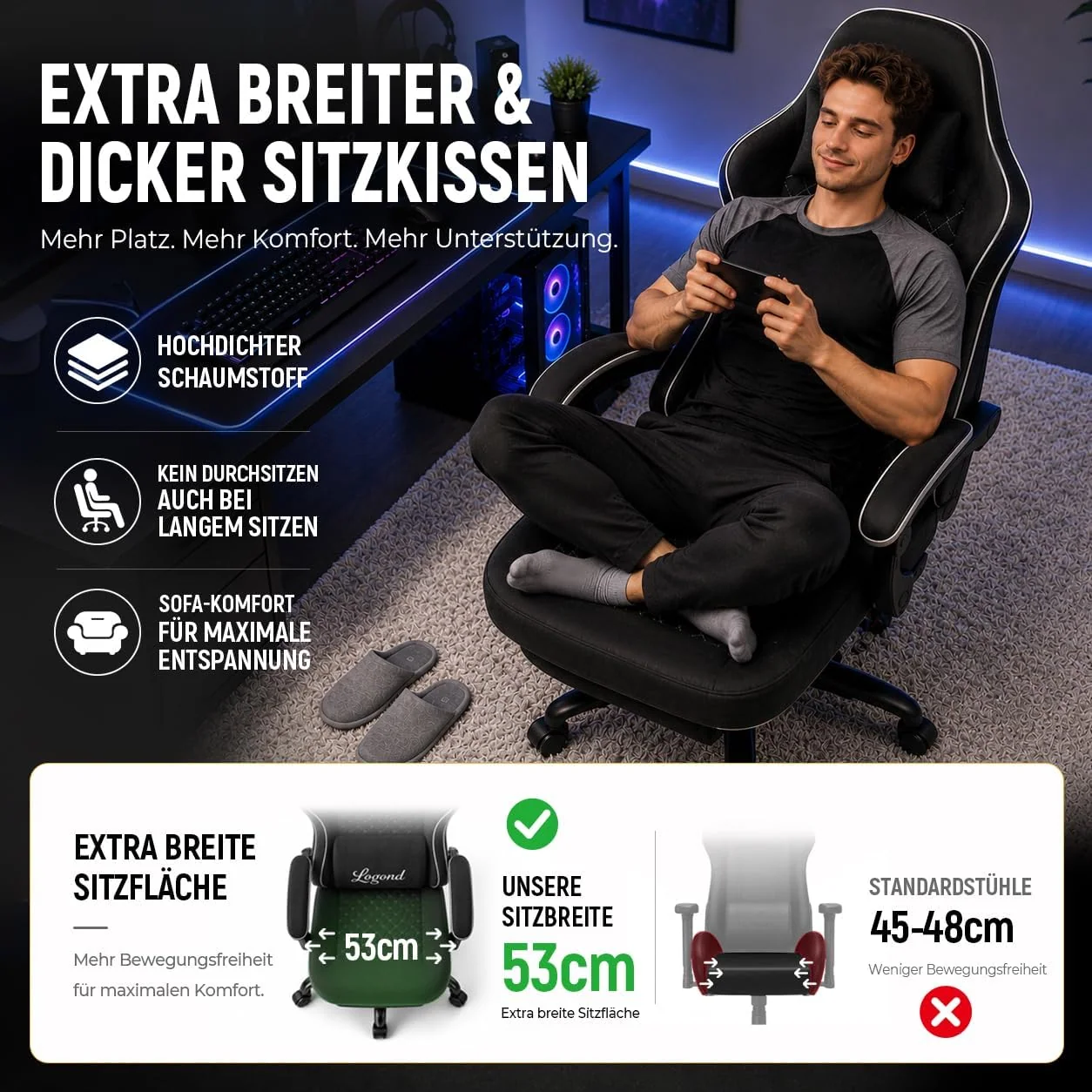 Gamingstuhl mit Taschenfeder-Sitzkissen, verstellbarer Rückenlehne und Fußstütze
