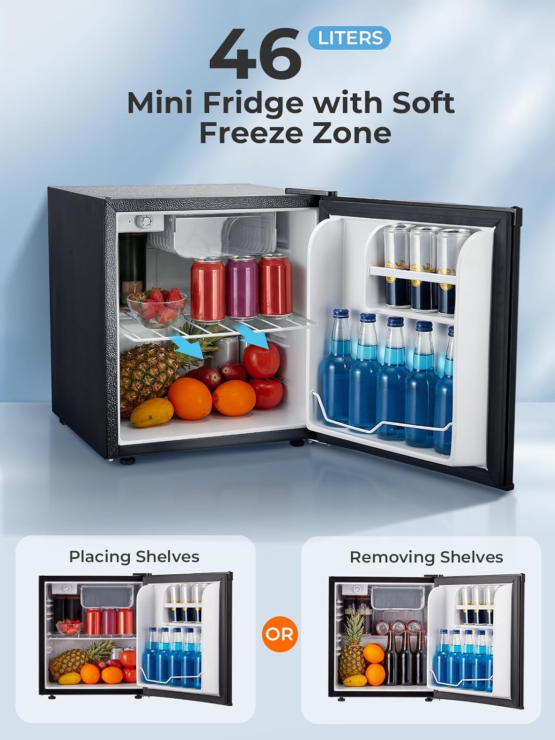 FOHERE Mini Kühlschrank 46L, Kleiner Kühlschrank mit 7-Stufige Kühlung, Energieeffizienter, Superleise, Wechselbarer Türanschlag & Verstellbare Füße, für Hotel, Büro, Kleine Wohnungen,Schwarz